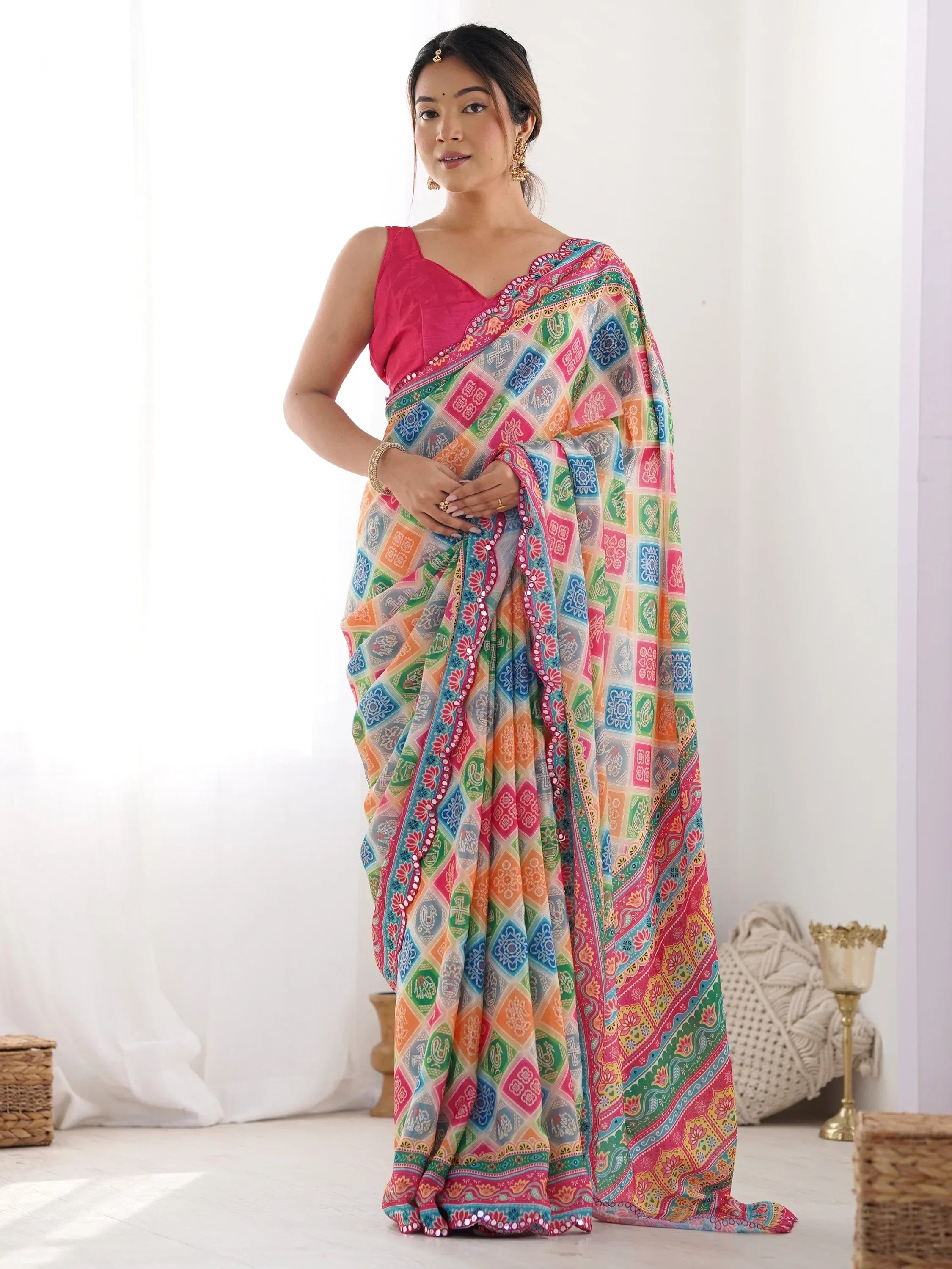 Dazzling Attractive Digital Printed Chinon Festival Wear Saree With Blouse