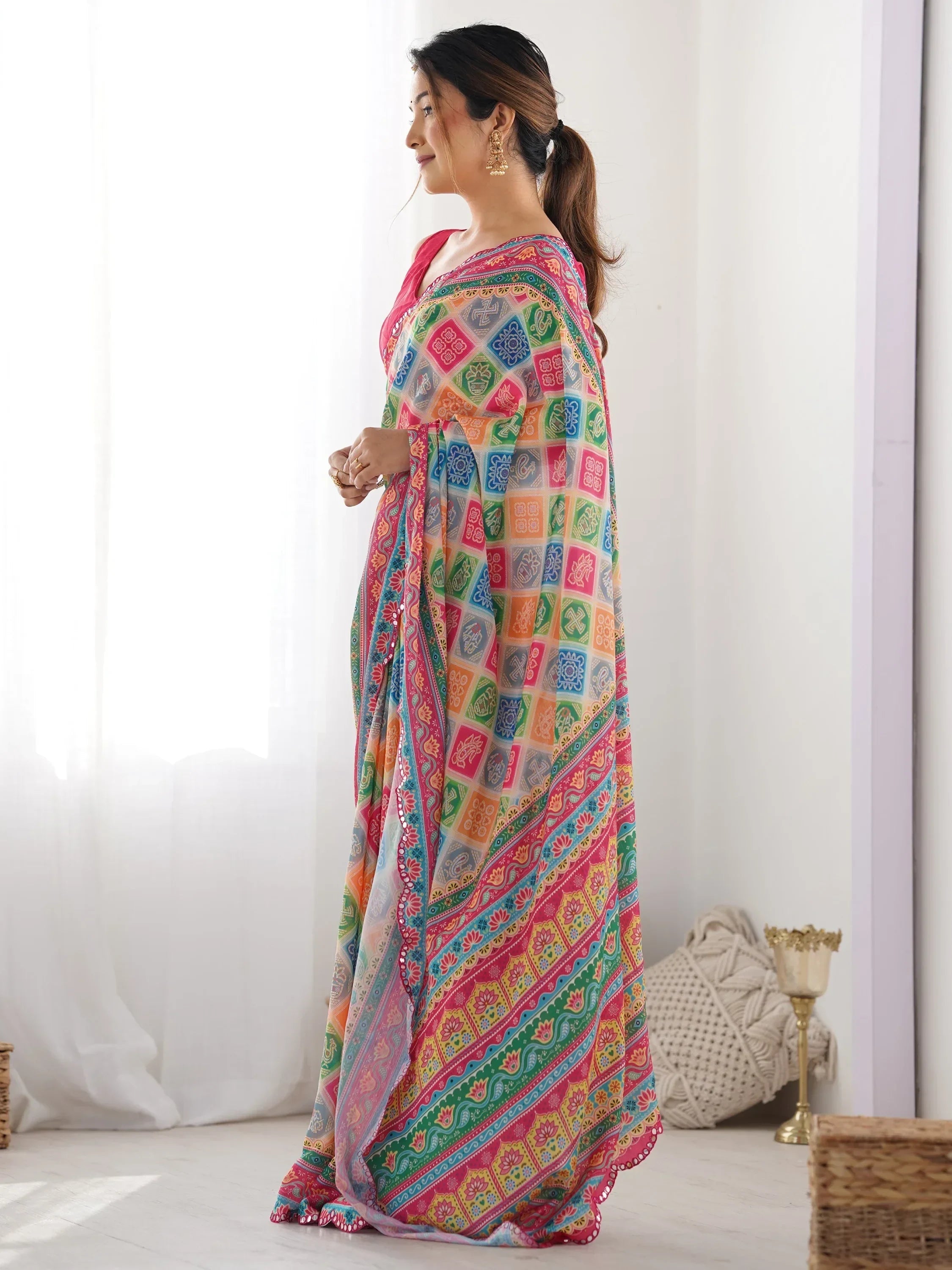 Dazzling Attractive Digital Printed Chinon Festival Wear Saree With Blouse