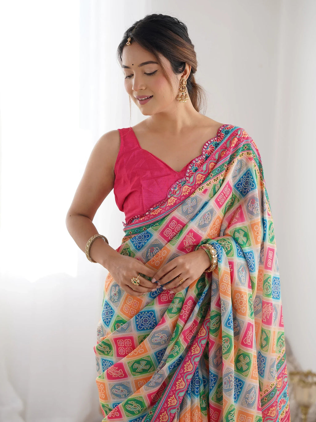 Dazzling Attractive Digital Printed Chinon Festival Wear Saree With Blouse