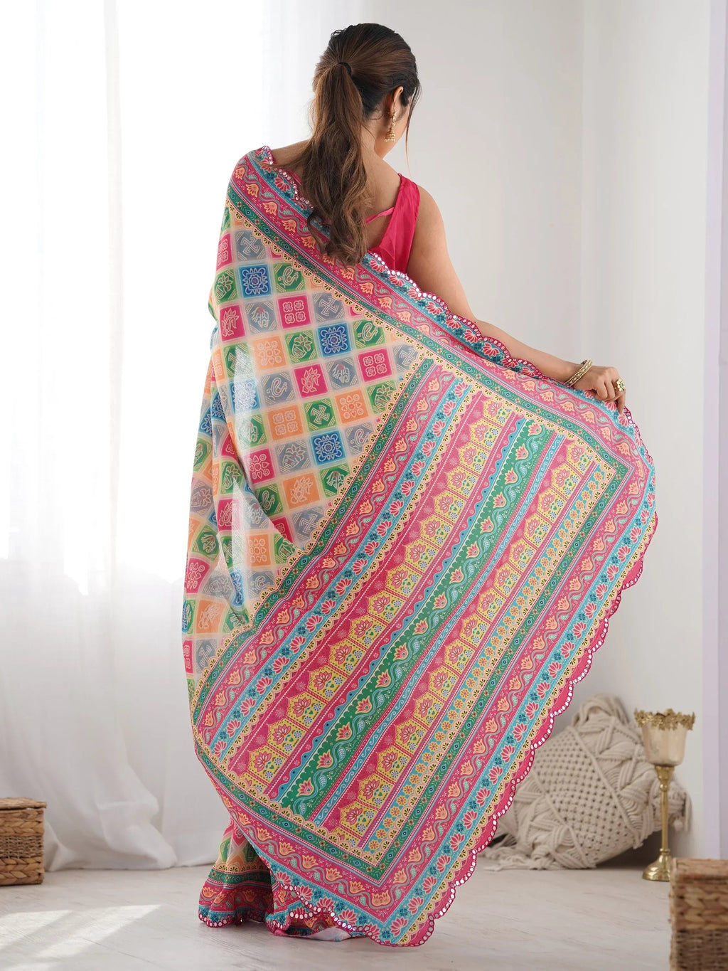 Dazzling Attractive Digital Printed Chinon Festival Wear Saree With Blouse