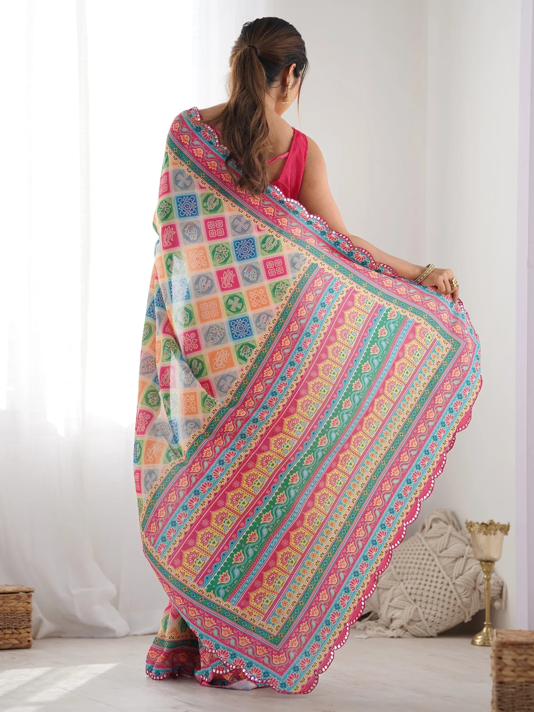 Dazzling Attractive Digital Printed Chinon Festival Wear Saree With Blouse