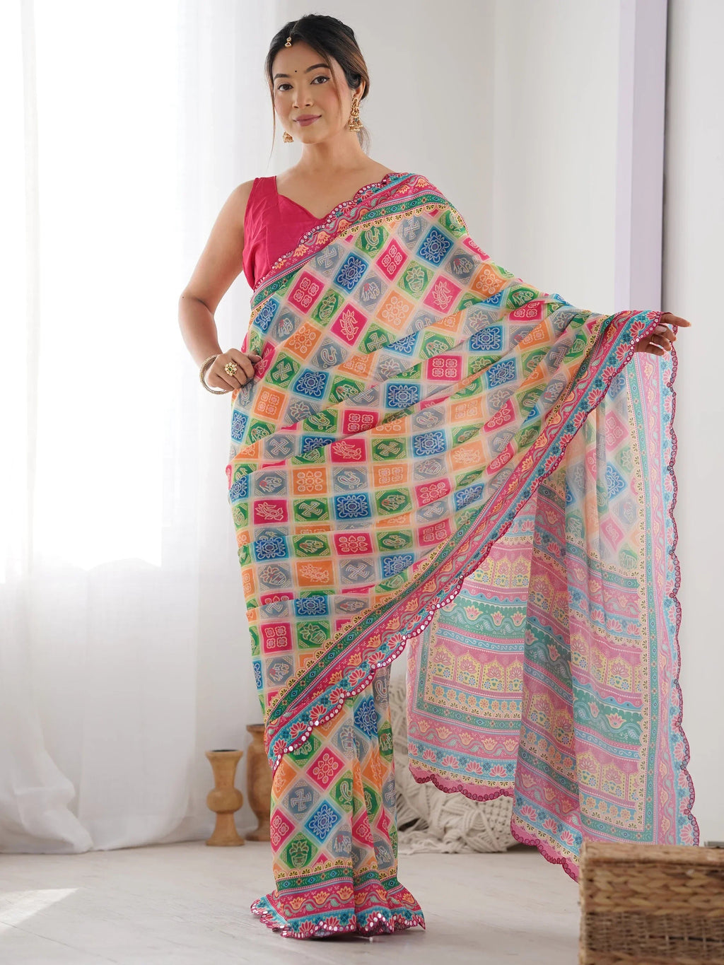Dazzling Attractive Digital Printed Chinon Festival Wear Saree With Blouse