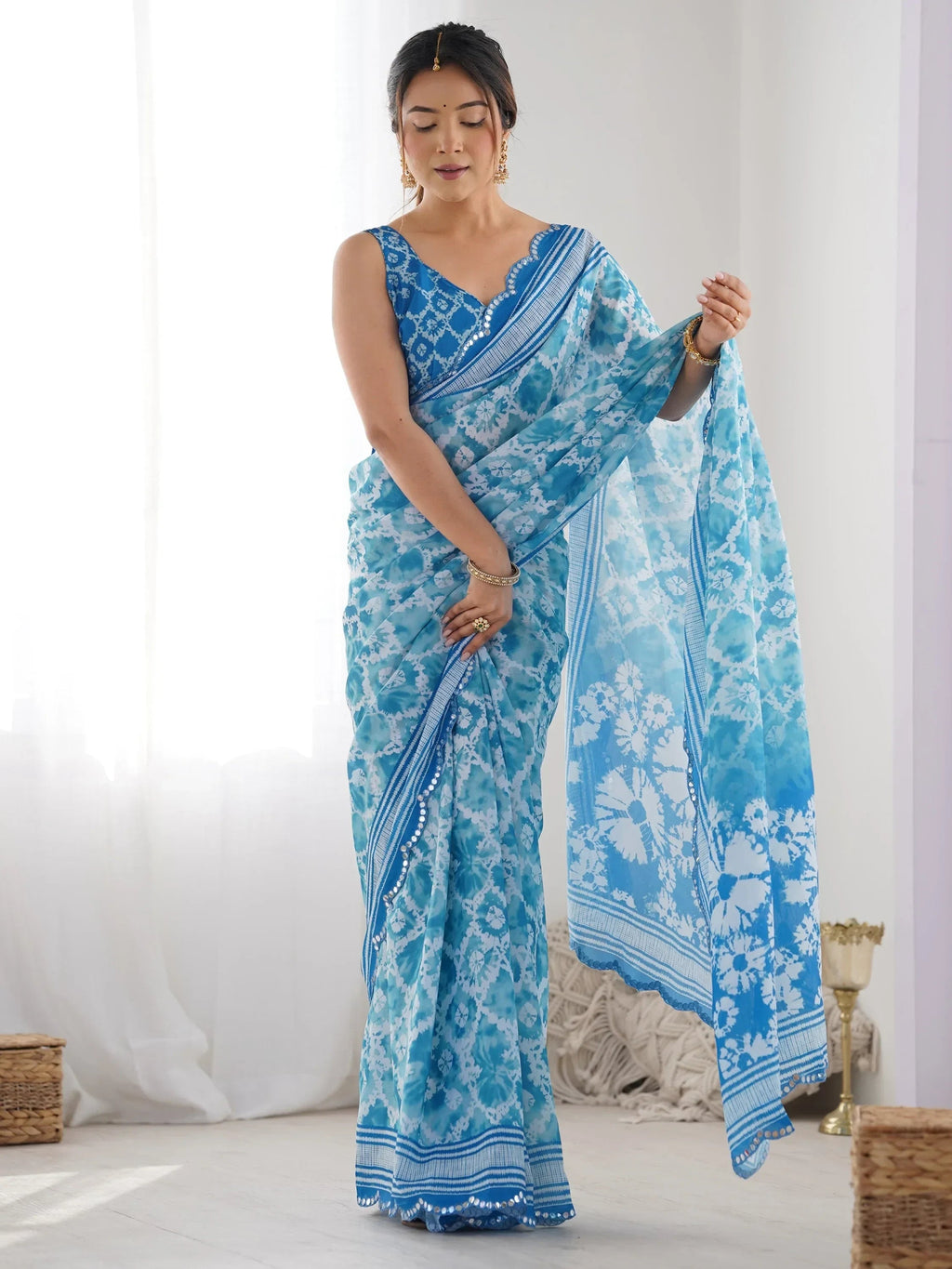 Blue Attractive Digital Printed Chinon Festival Wear Saree With Blouse