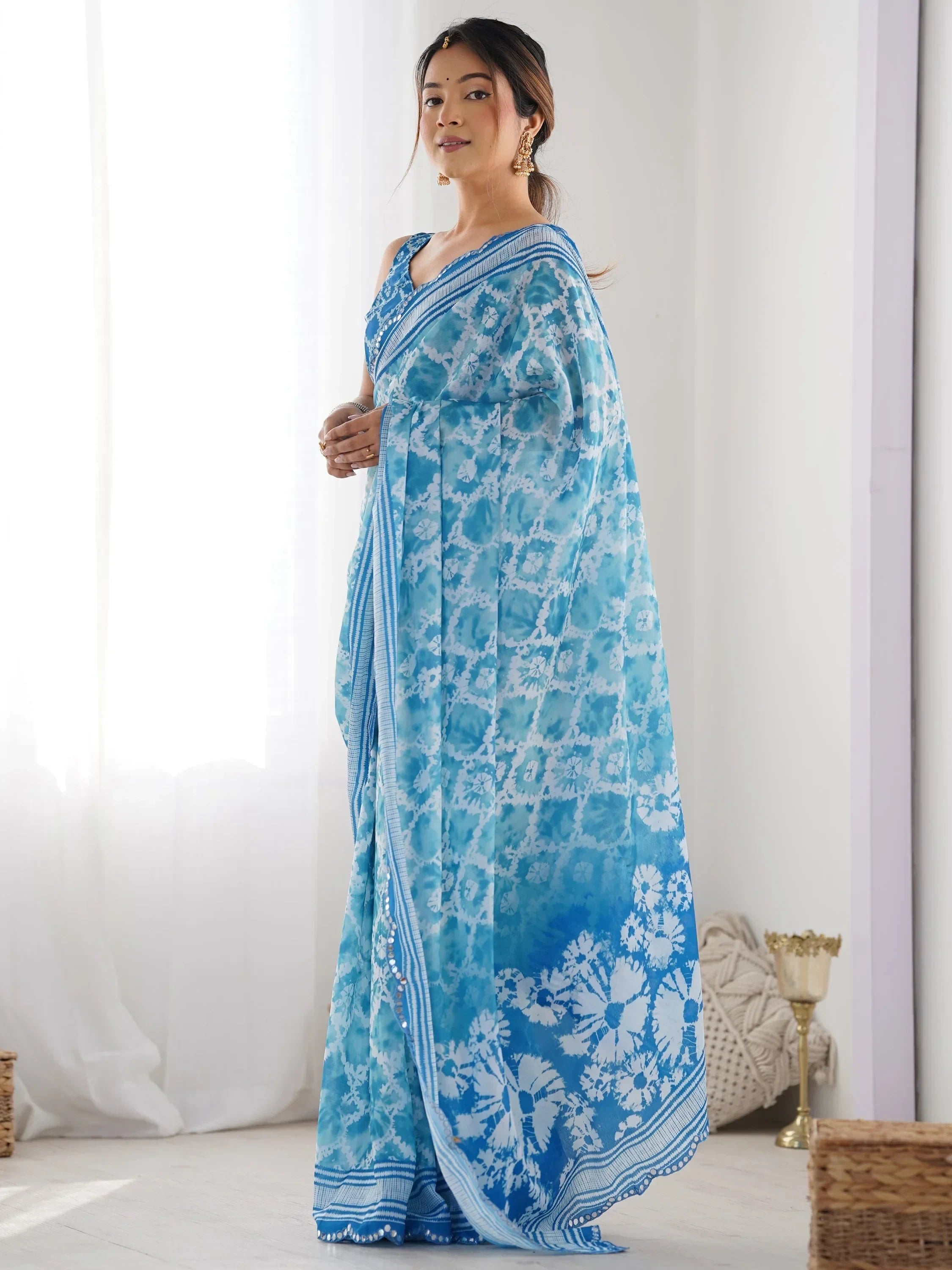 Blue Attractive Digital Printed Chinon Festival Wear Saree With Blouse
