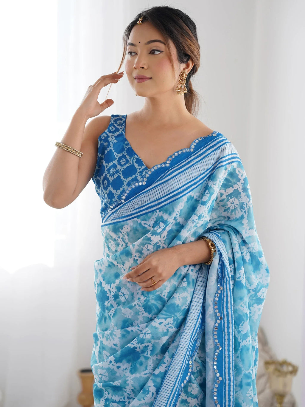 Blue Attractive Digital Printed Chinon Festival Wear Saree With Blouse