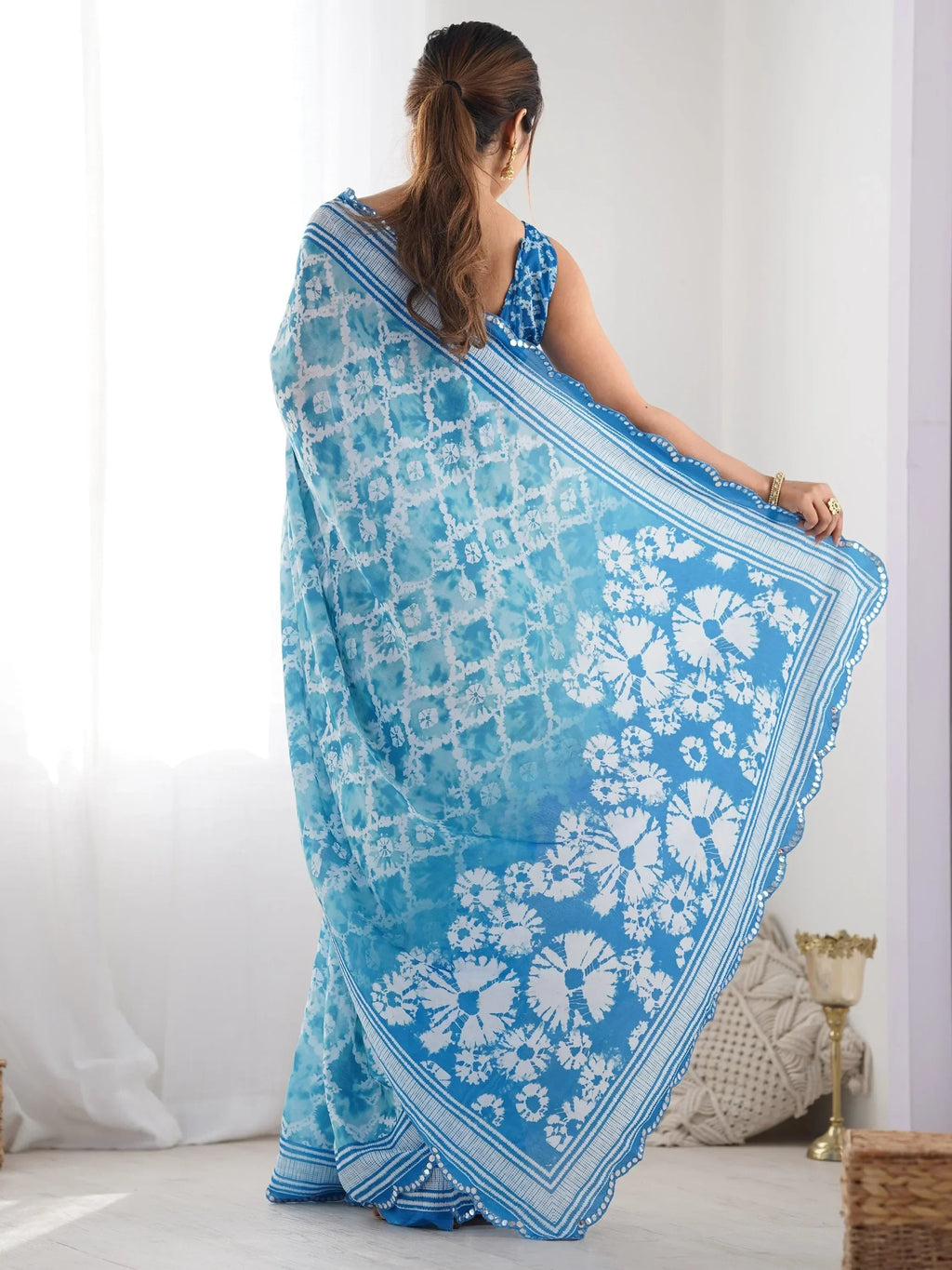 Blue Attractive Digital Printed Chinon Festival Wear Saree With Blouse