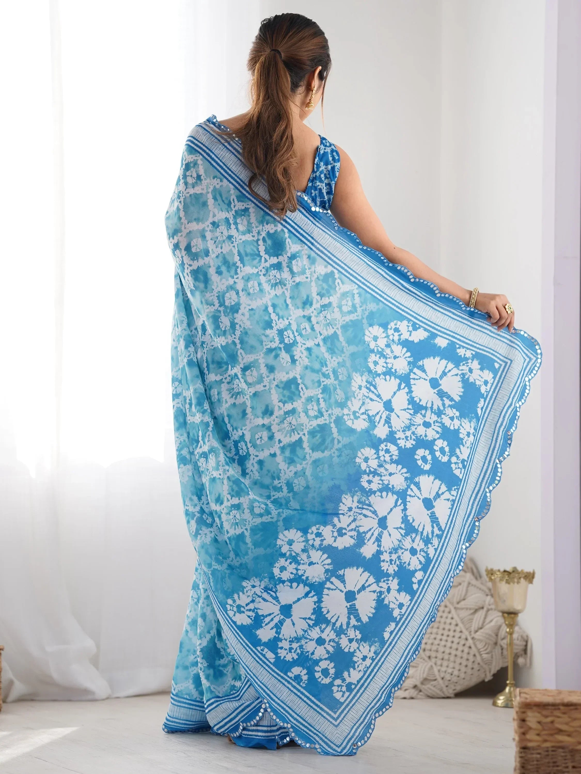 Blue Attractive Digital Printed Chinon Festival Wear Saree With Blouse