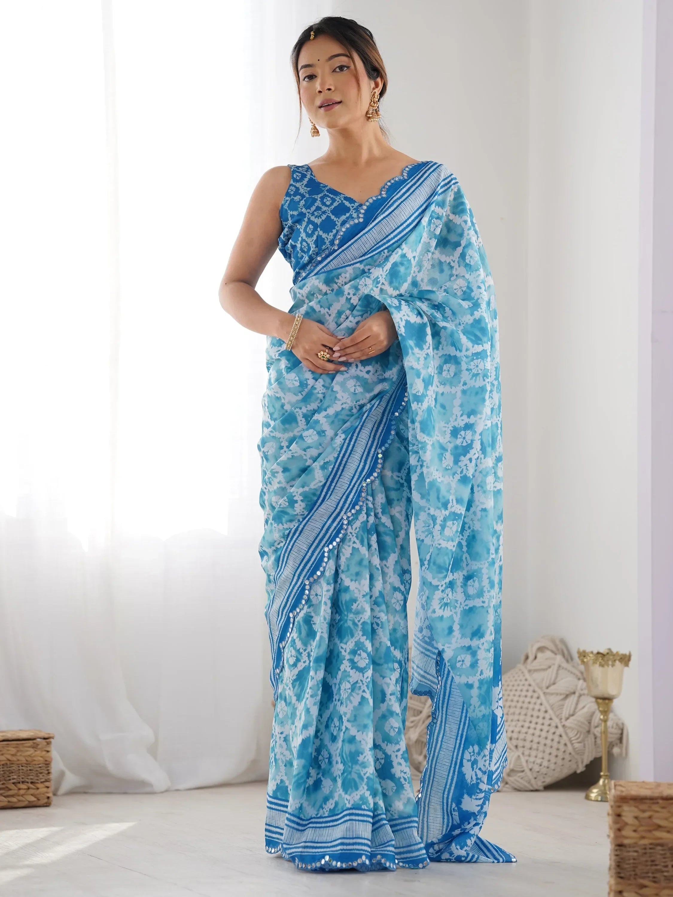 Blue Attractive Digital Printed Chinon Festival Wear Saree With Blouse