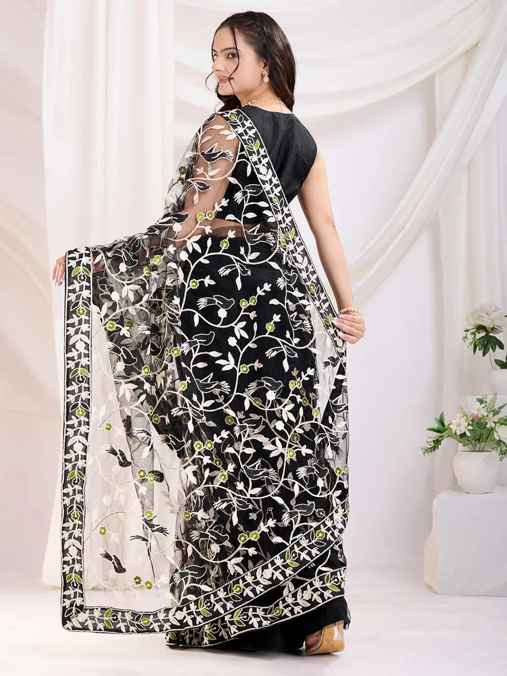 Black Marvelous Thread Embroidered Net Party Wear Saree With Blouse