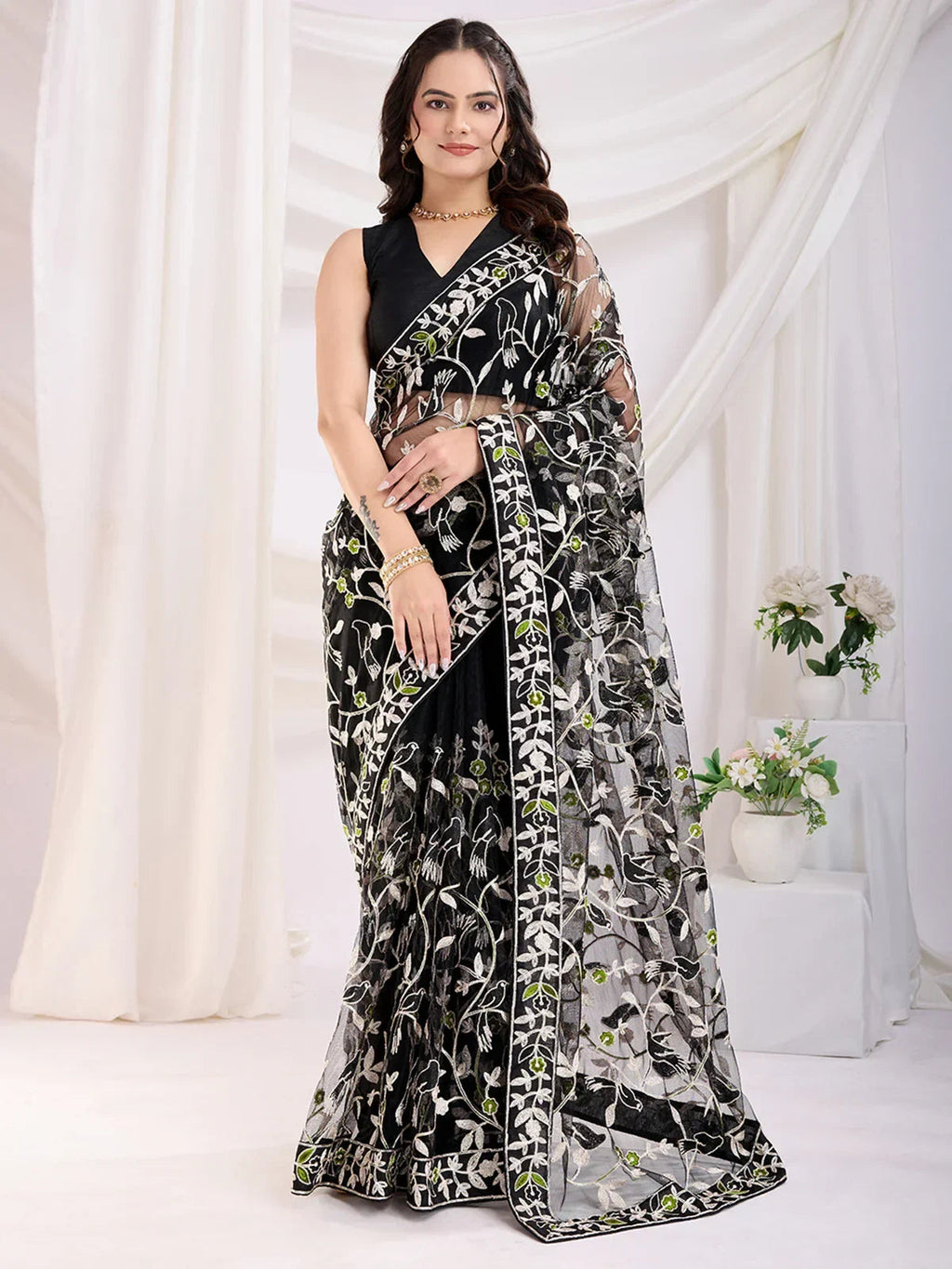 Black Marvelous Thread Embroidered Net Party Wear Saree With Blouse