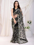 Black Marvelous Thread Embroidered Net Party Wear Saree With Blouse