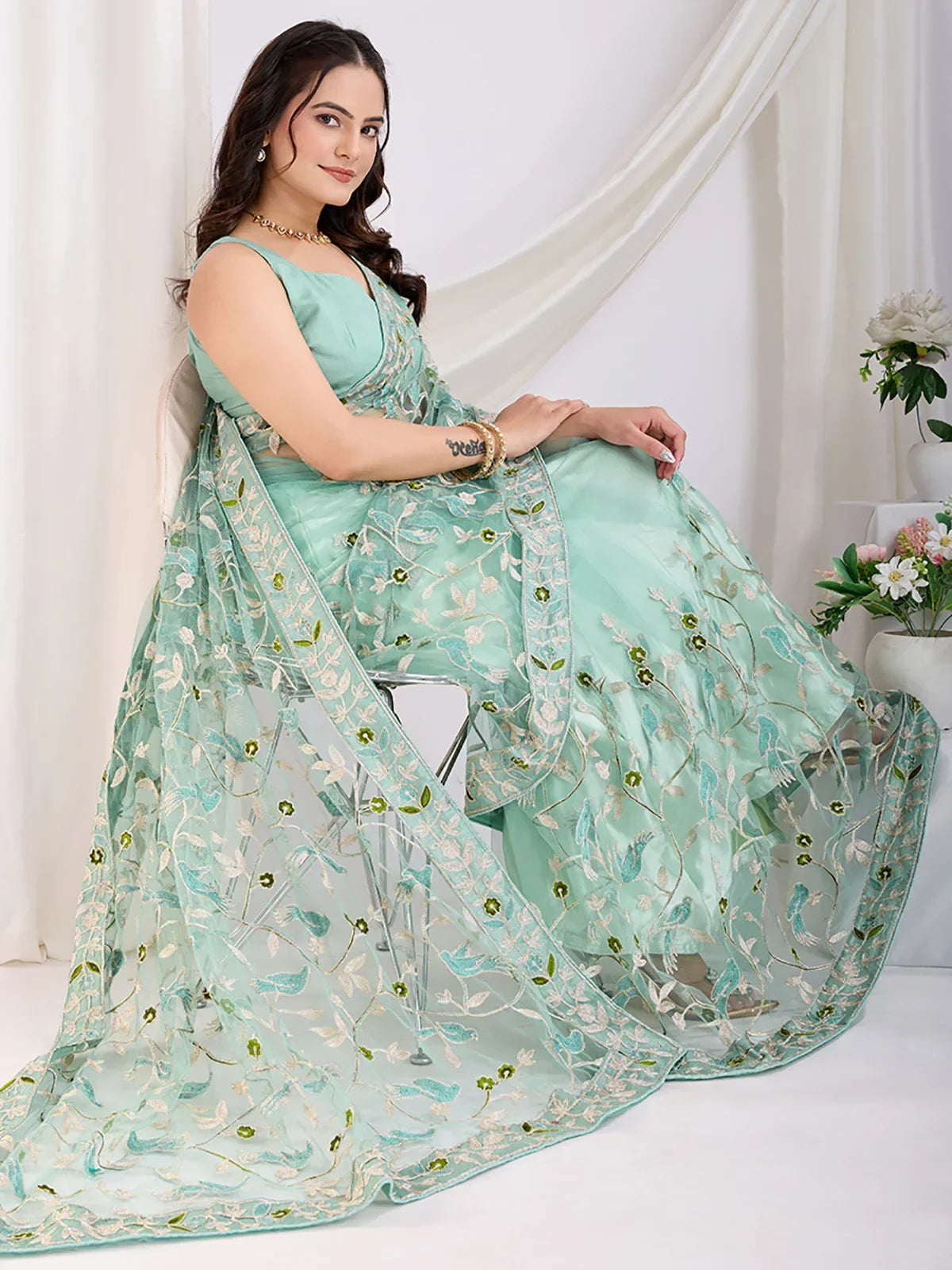 Sea Green Marvelous Thread Embroidered Net Party Wear Saree With Blouse