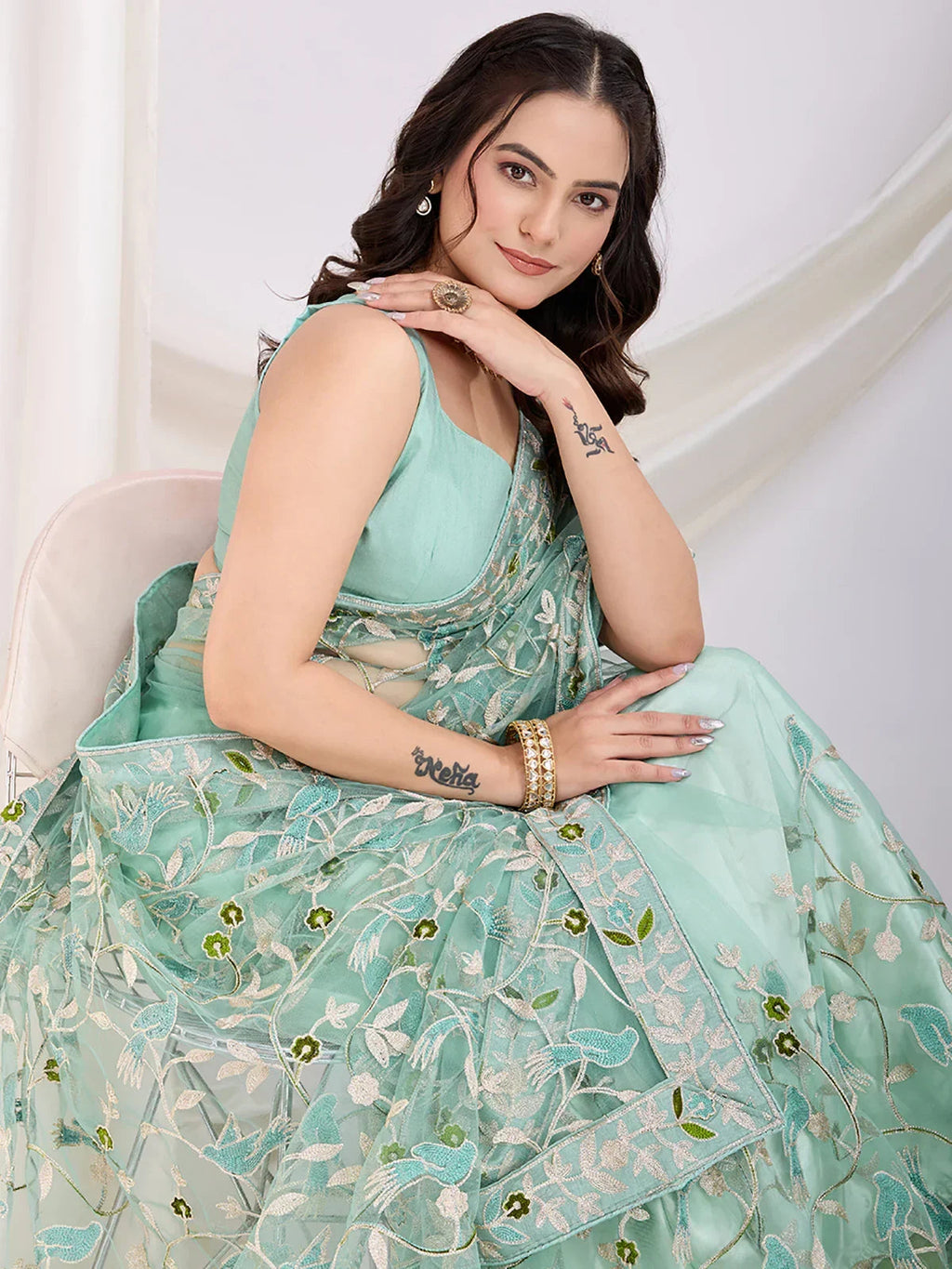 Sea Green Marvelous Thread Embroidered Net Party Wear Saree With Blouse