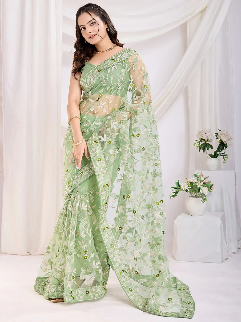 Green Marvelous Thread Embroidered Net Party Wear Saree With Blouse