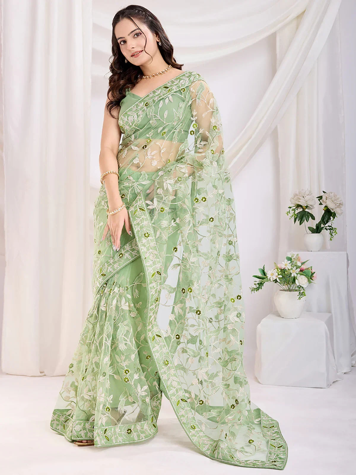 Green Marvelous Thread Embroidered Net Party Wear Saree With Blouse