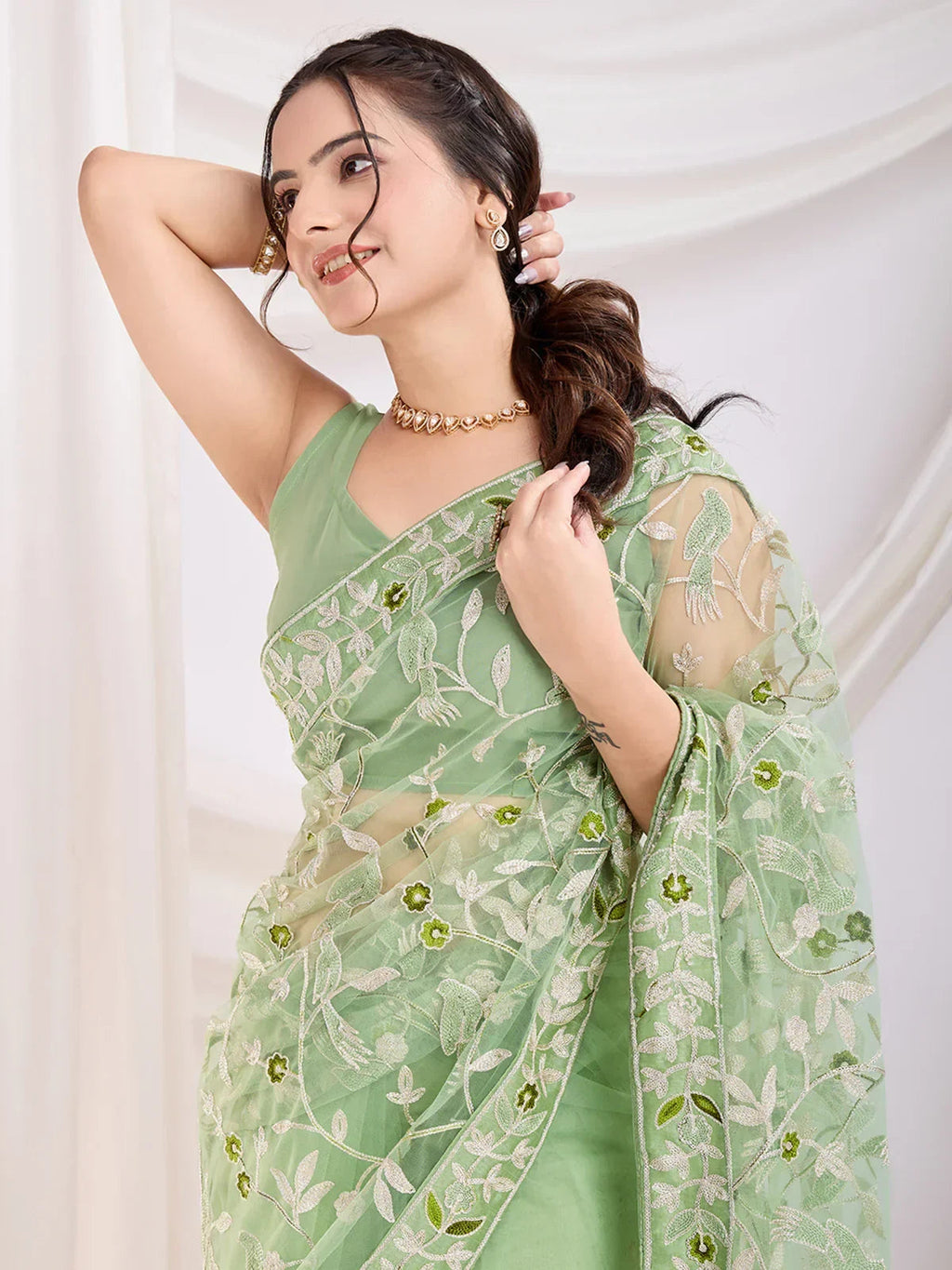Green Marvelous Thread Embroidered Net Party Wear Saree With Blouse