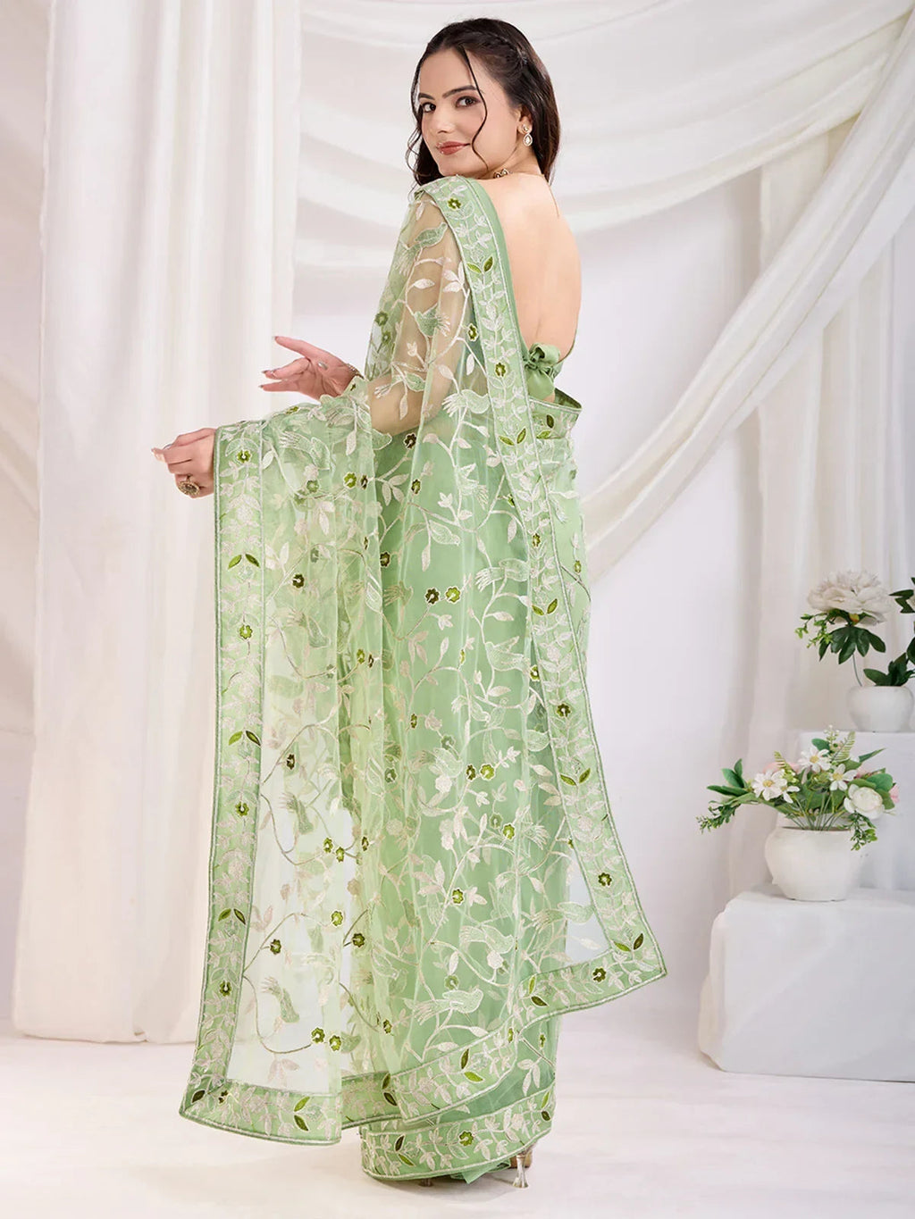 Green Marvelous Thread Embroidered Net Party Wear Saree With Blouse