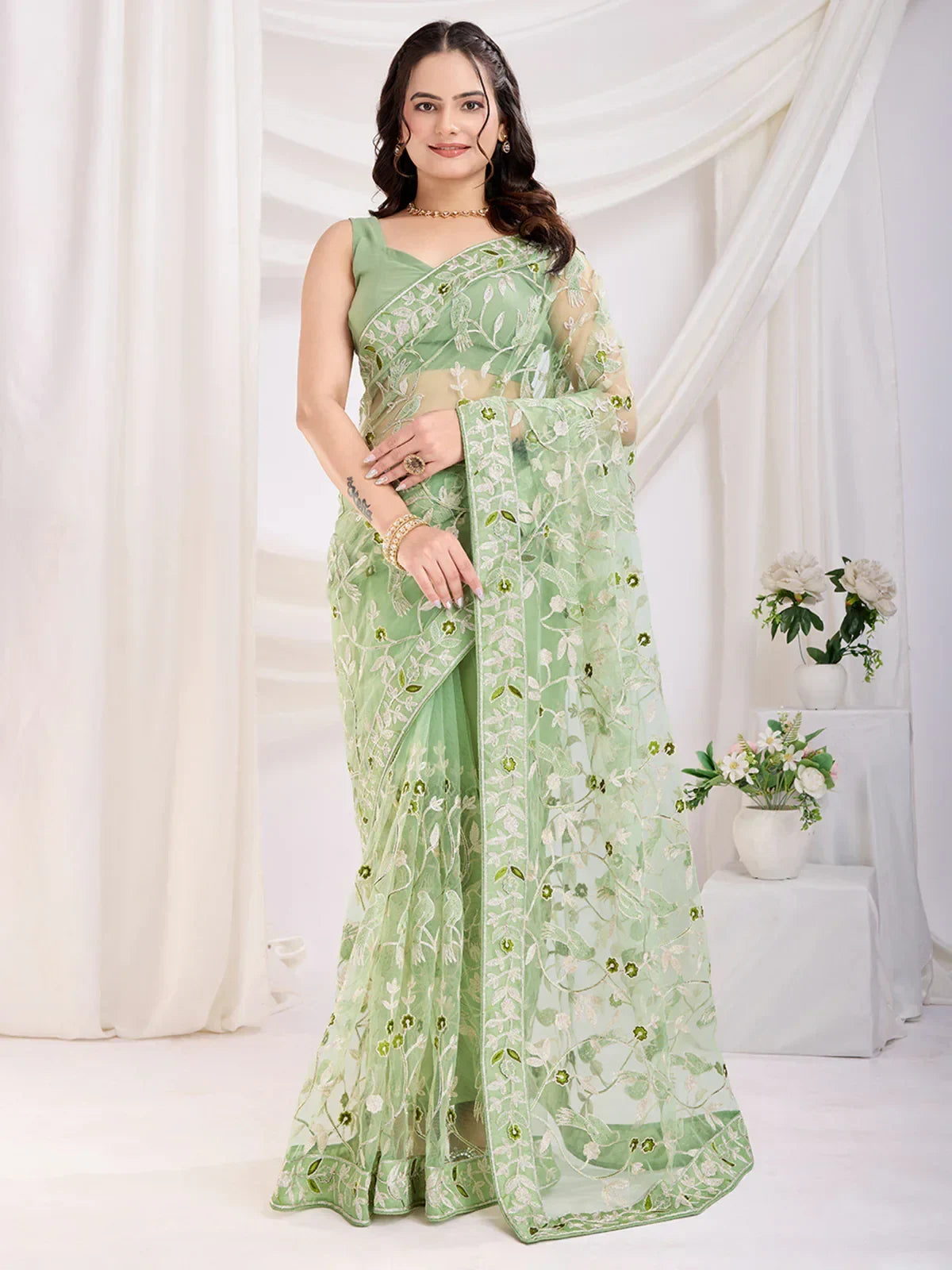 Green Marvelous Thread Embroidered Net Party Wear Saree With Blouse