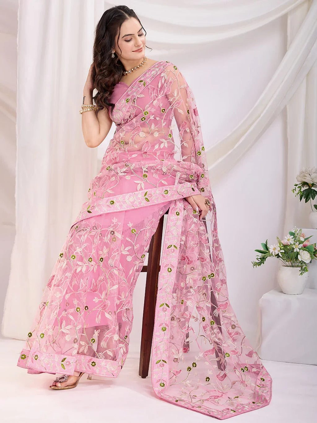 Pink Marvelous Thread Embroidered Net Party Wear Saree With Blouse