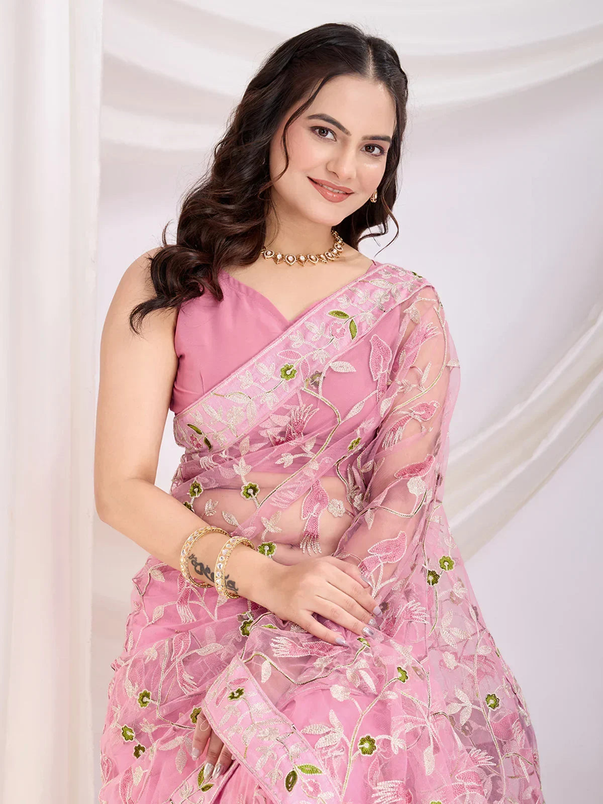 Pink Marvelous Thread Embroidered Net Party Wear Saree With Blouse