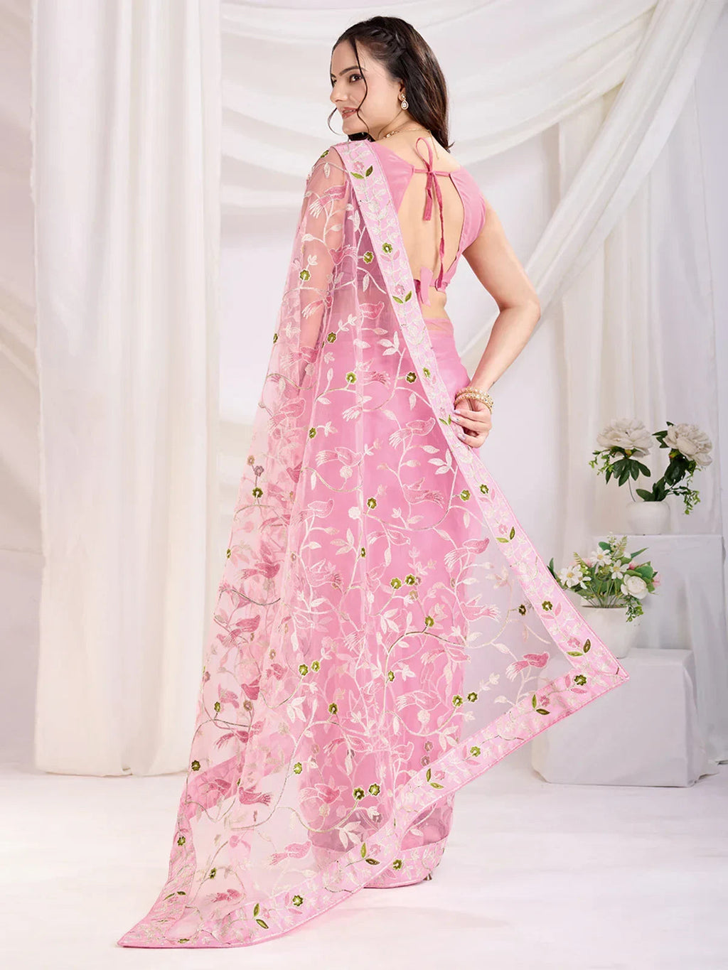 Pink Marvelous Thread Embroidered Net Party Wear Saree With Blouse