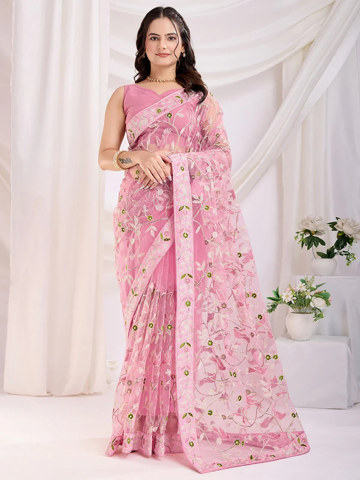 Pink Marvelous Thread Embroidered Net Party Wear Saree With Blouse