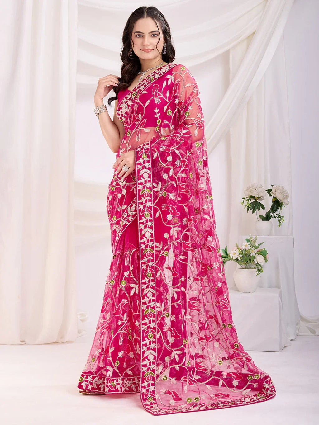 Enchanting Rani Pink Thread Embroidered Net Saree With Blouse