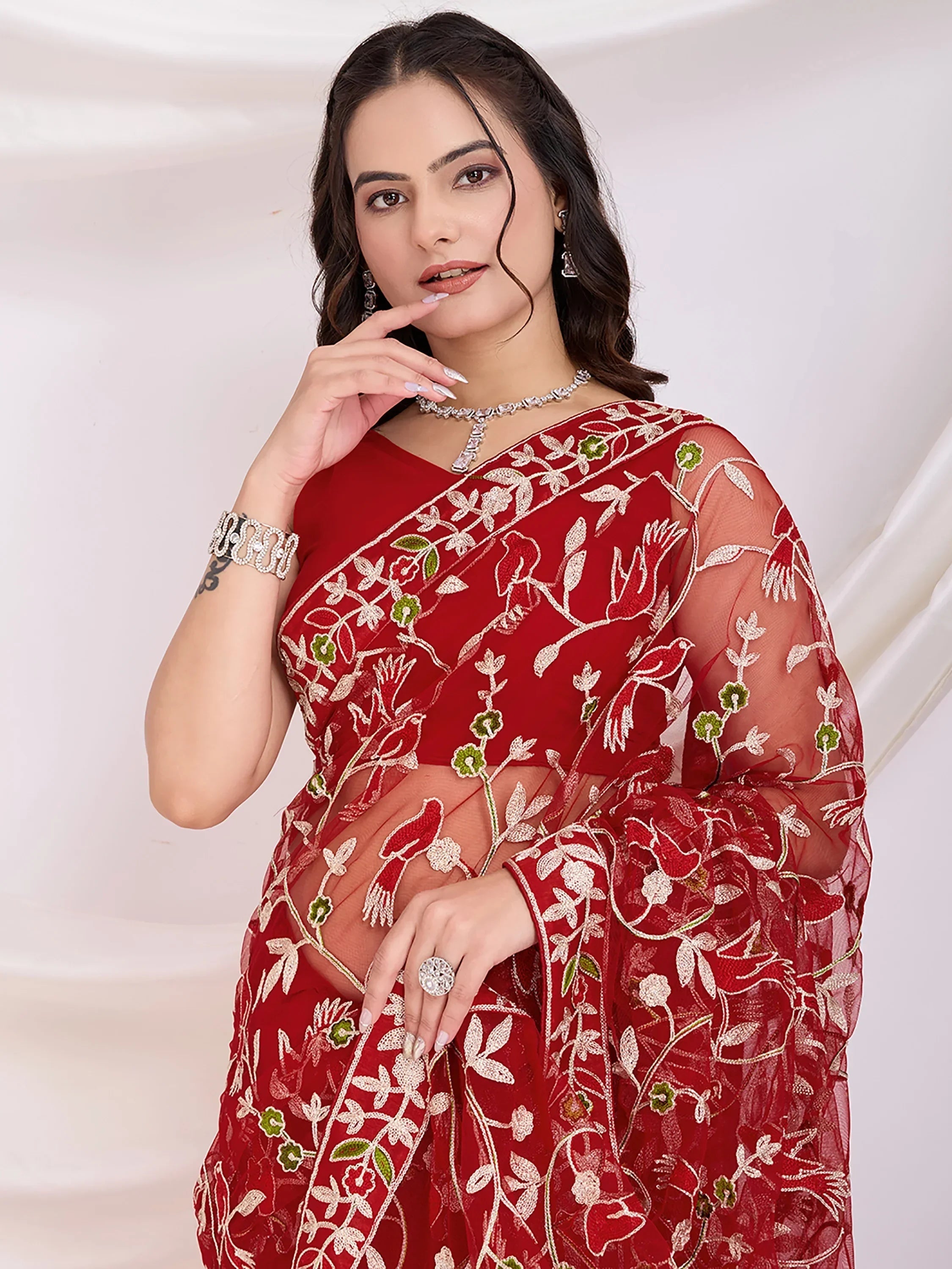 Maroon Marvelous Thread Embroidered Net Party Wear Saree With Blouse