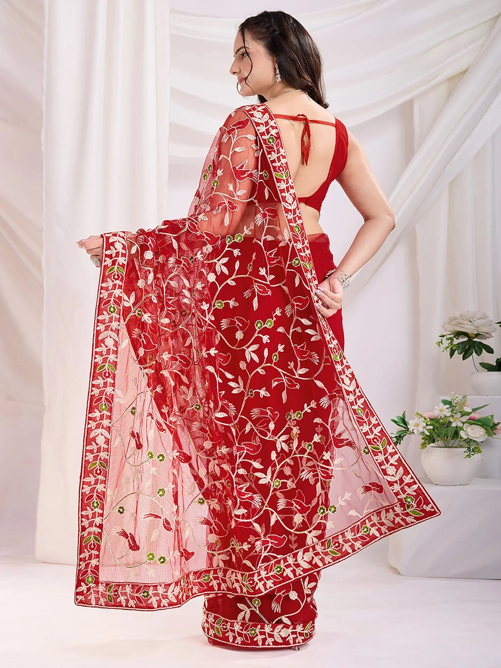 Maroon Marvelous Thread Embroidered Net Party Wear Saree With Blouse