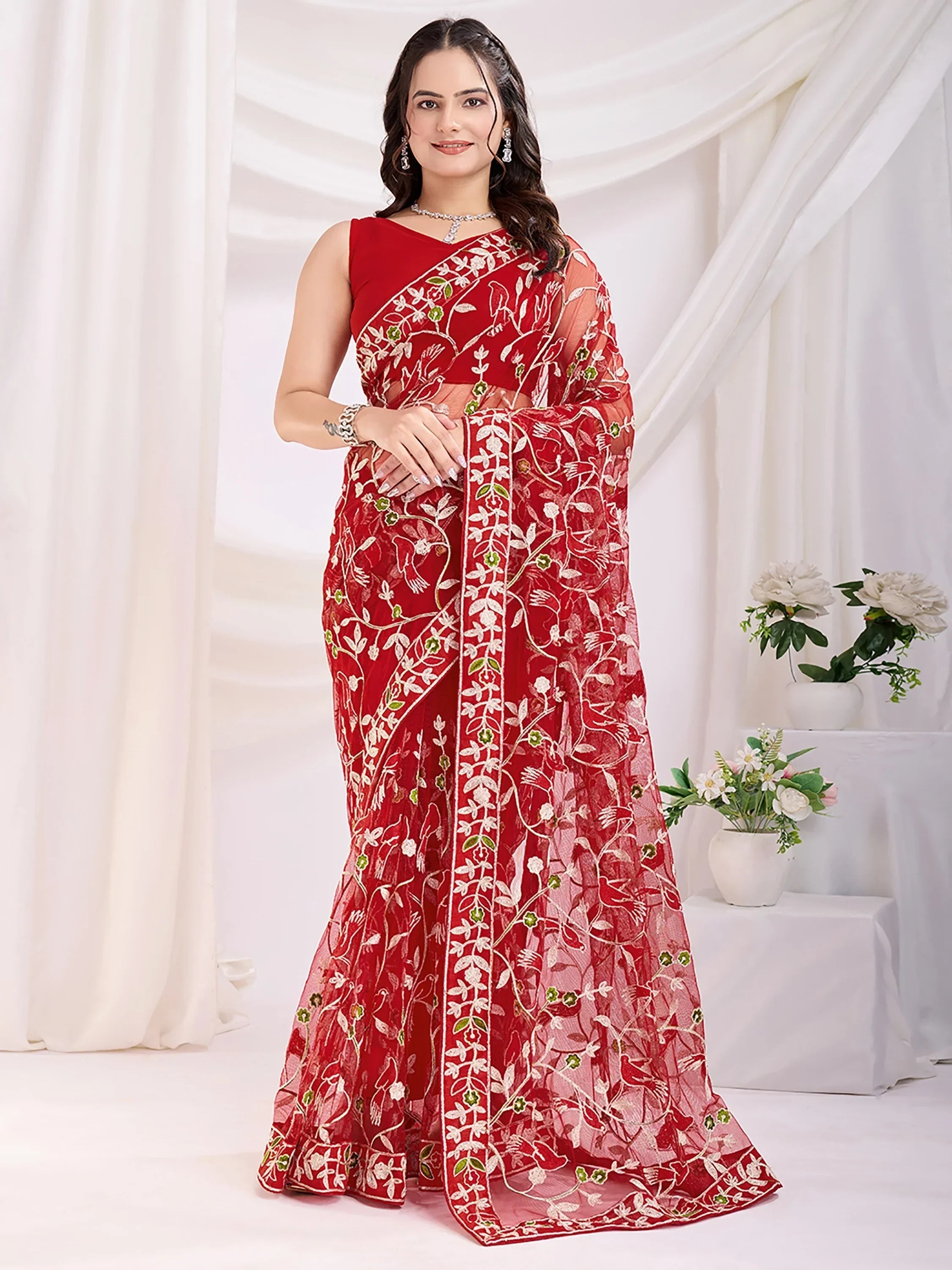 Maroon Marvelous Thread Embroidered Net Party Wear Saree With Blouse