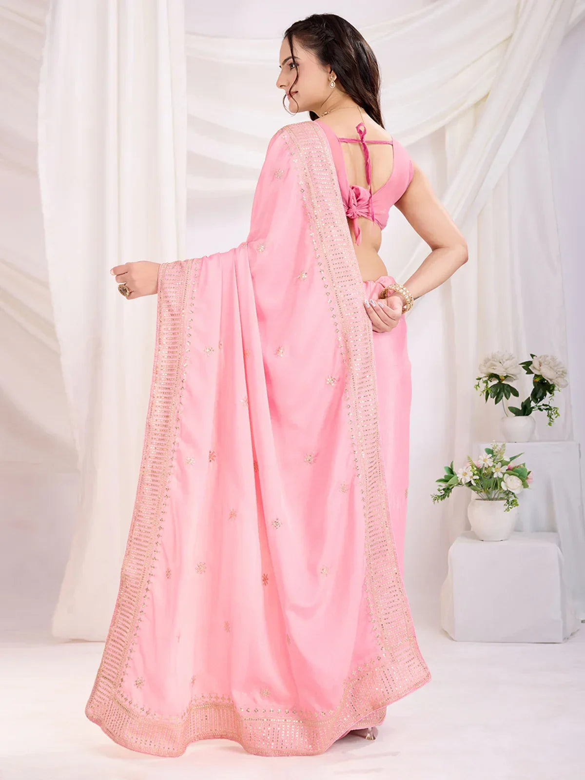 Precious Baby Pink Heavy Border Work Chinon Engagement Wear Saree