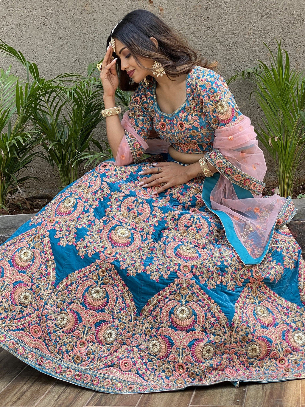 Blue Ravishing Heavy Embroidered Velvet Bridesmaid Lehenga Choli