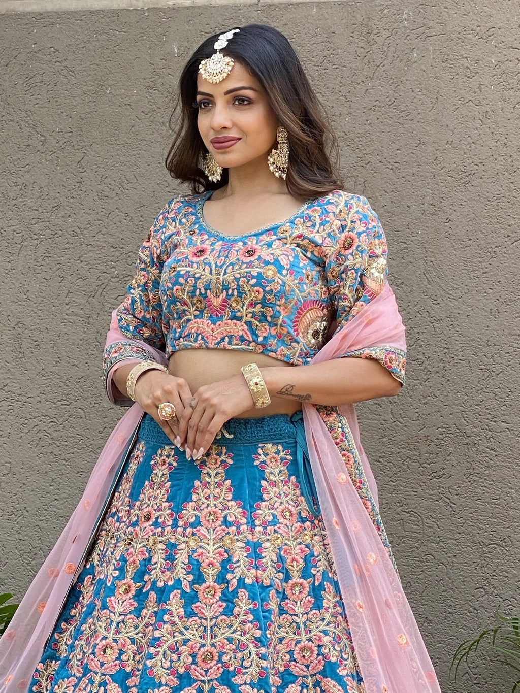 Blue Ravishing Heavy Embroidered Velvet Bridesmaid Lehenga Choli