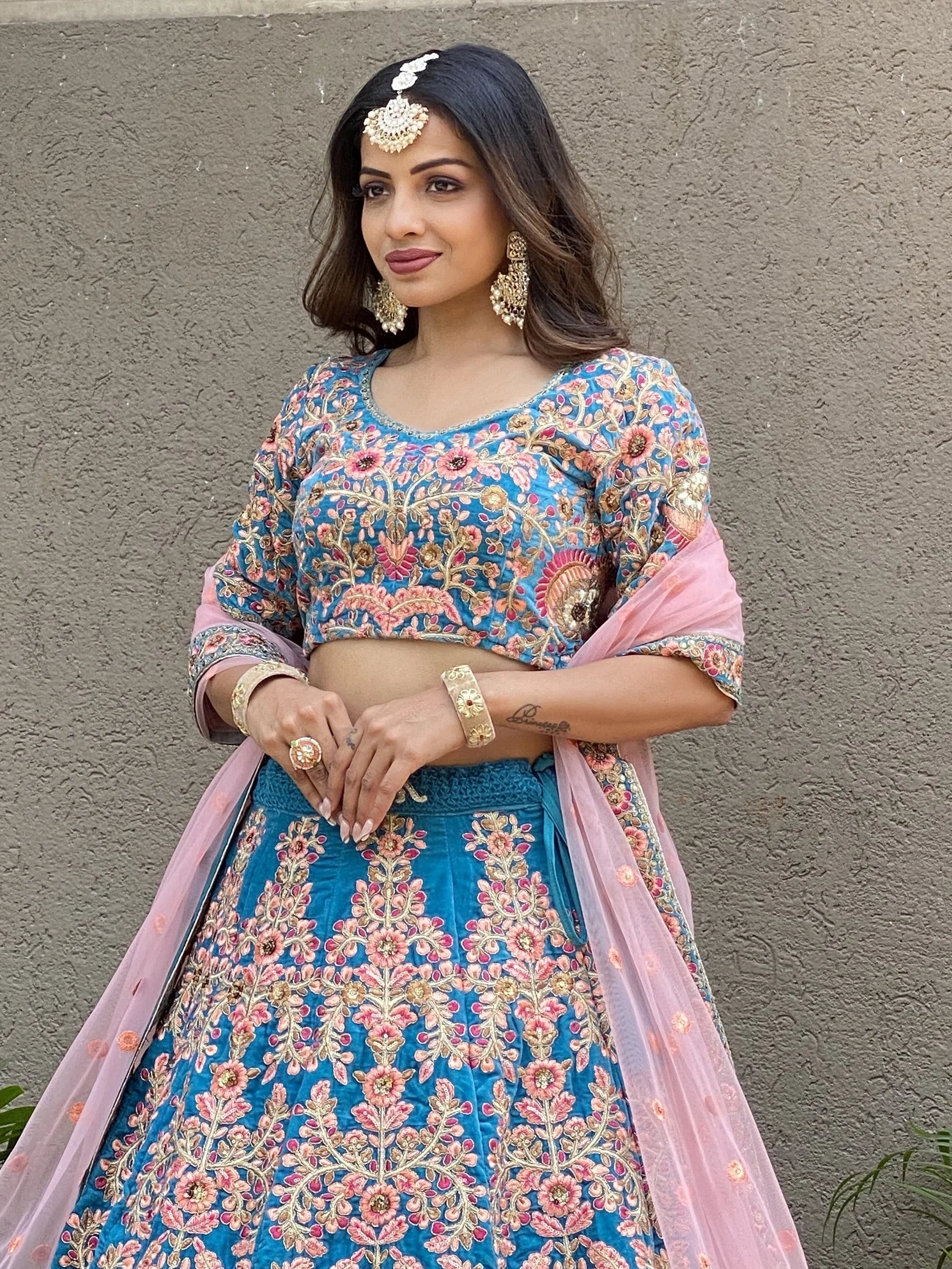 Blue Ravishing Heavy Embroidered Velvet Bridesmaid Lehenga Choli