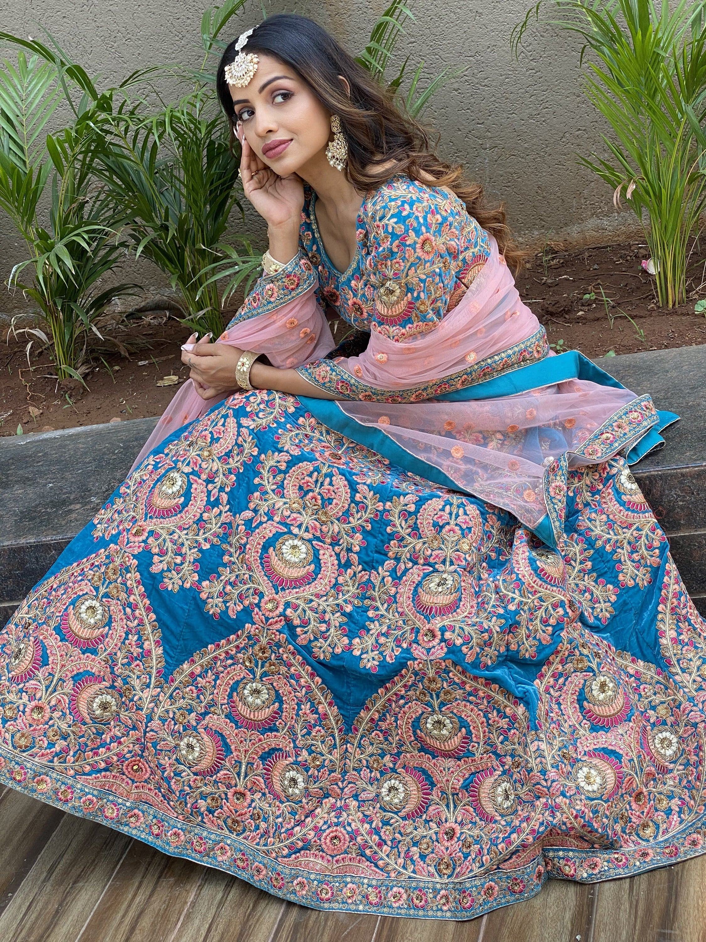 Blue Ravishing Heavy Embroidered Velvet Bridesmaid Lehenga Choli
