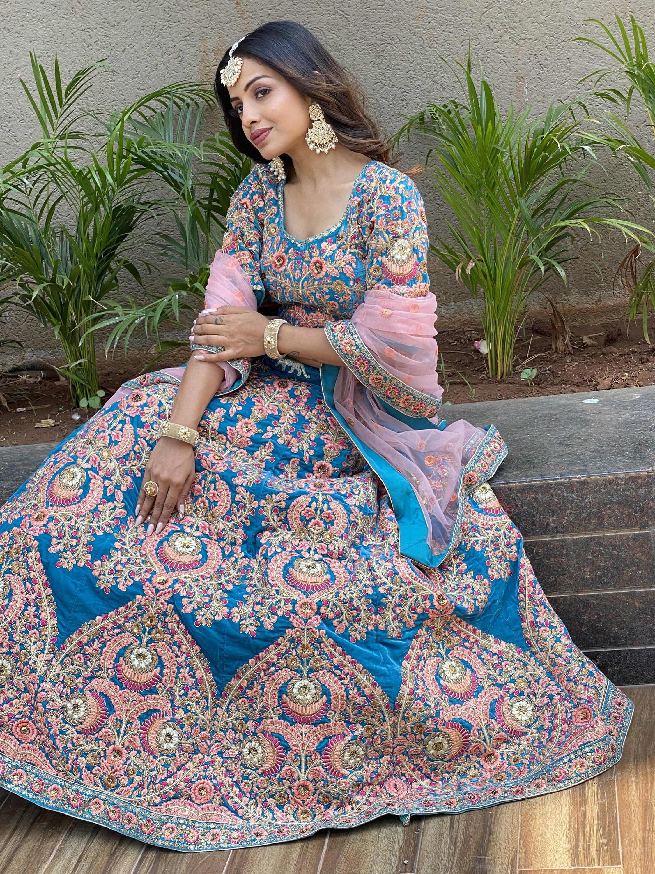 Blue Ravishing Heavy Embroidered Velvet Bridesmaid Lehenga Choli