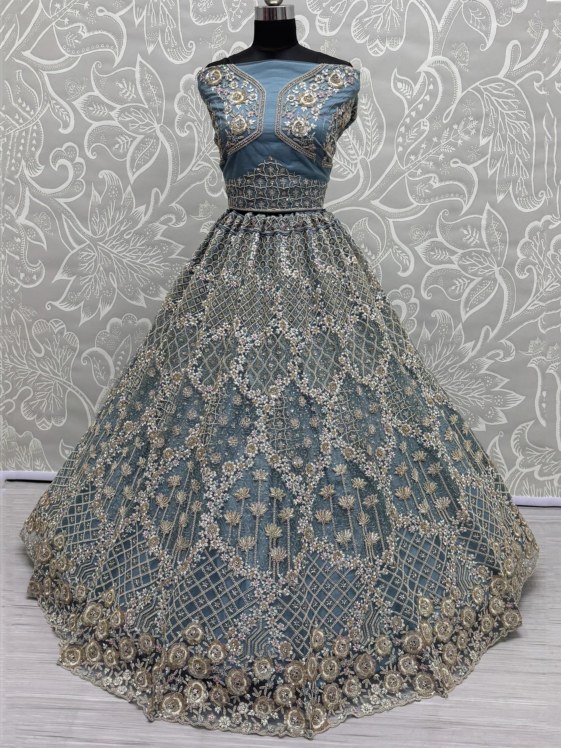 Blue Alluring Thread Embroidered Net Wedding Lehenga Choli