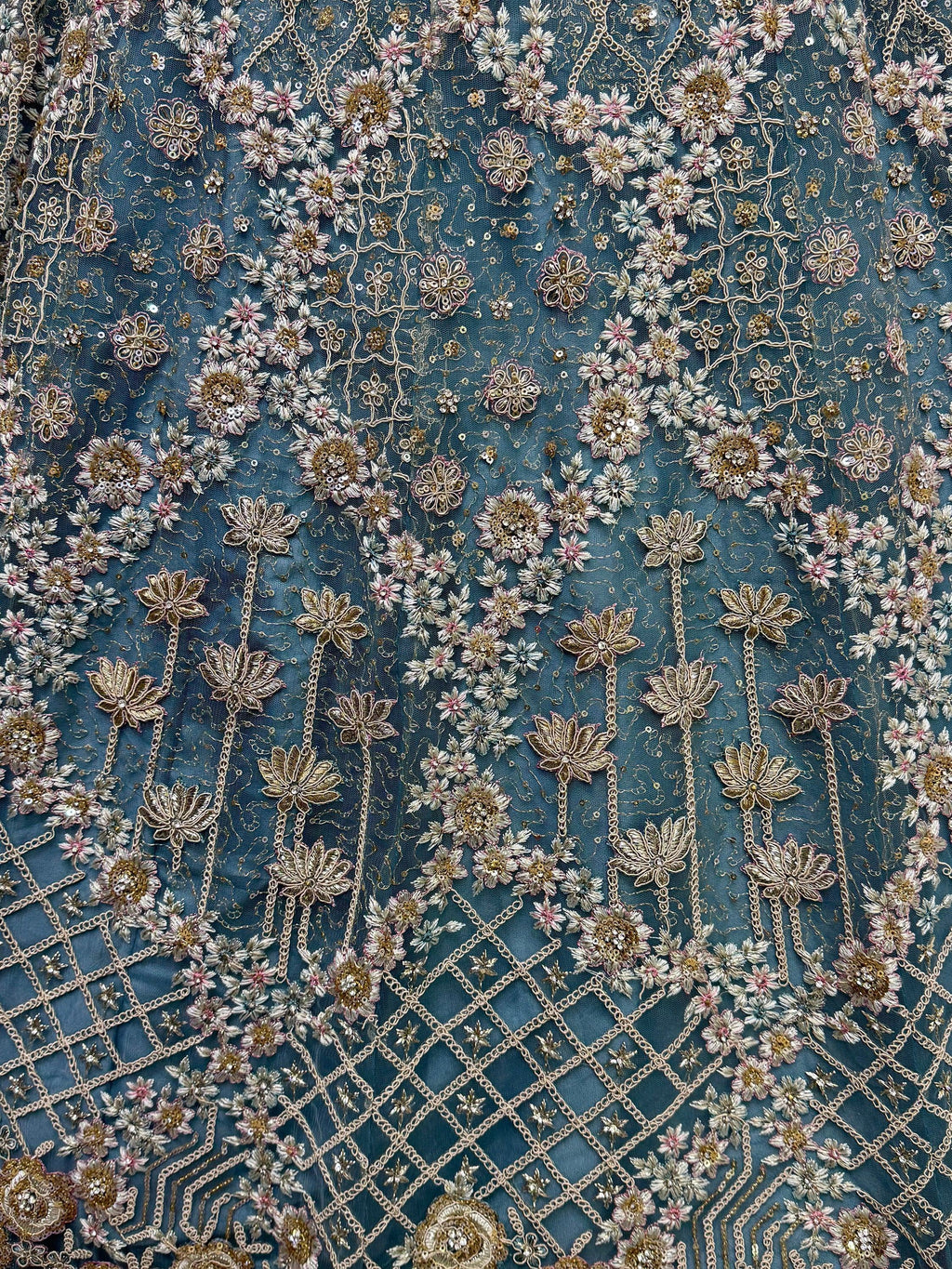 Blue Alluring Thread Embroidered Net Wedding Lehenga Choli