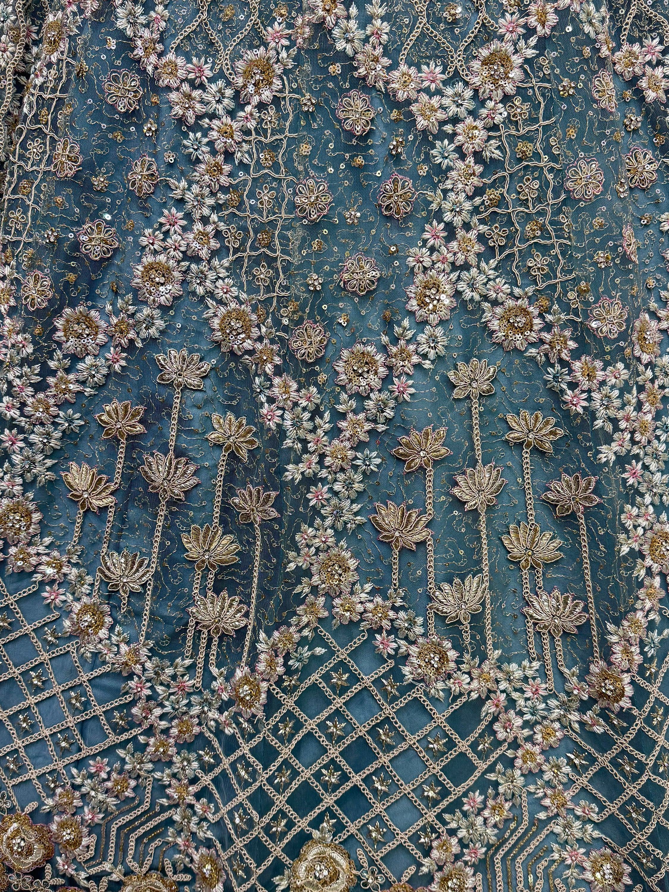 Blue Alluring Thread Embroidered Net Wedding Lehenga Choli