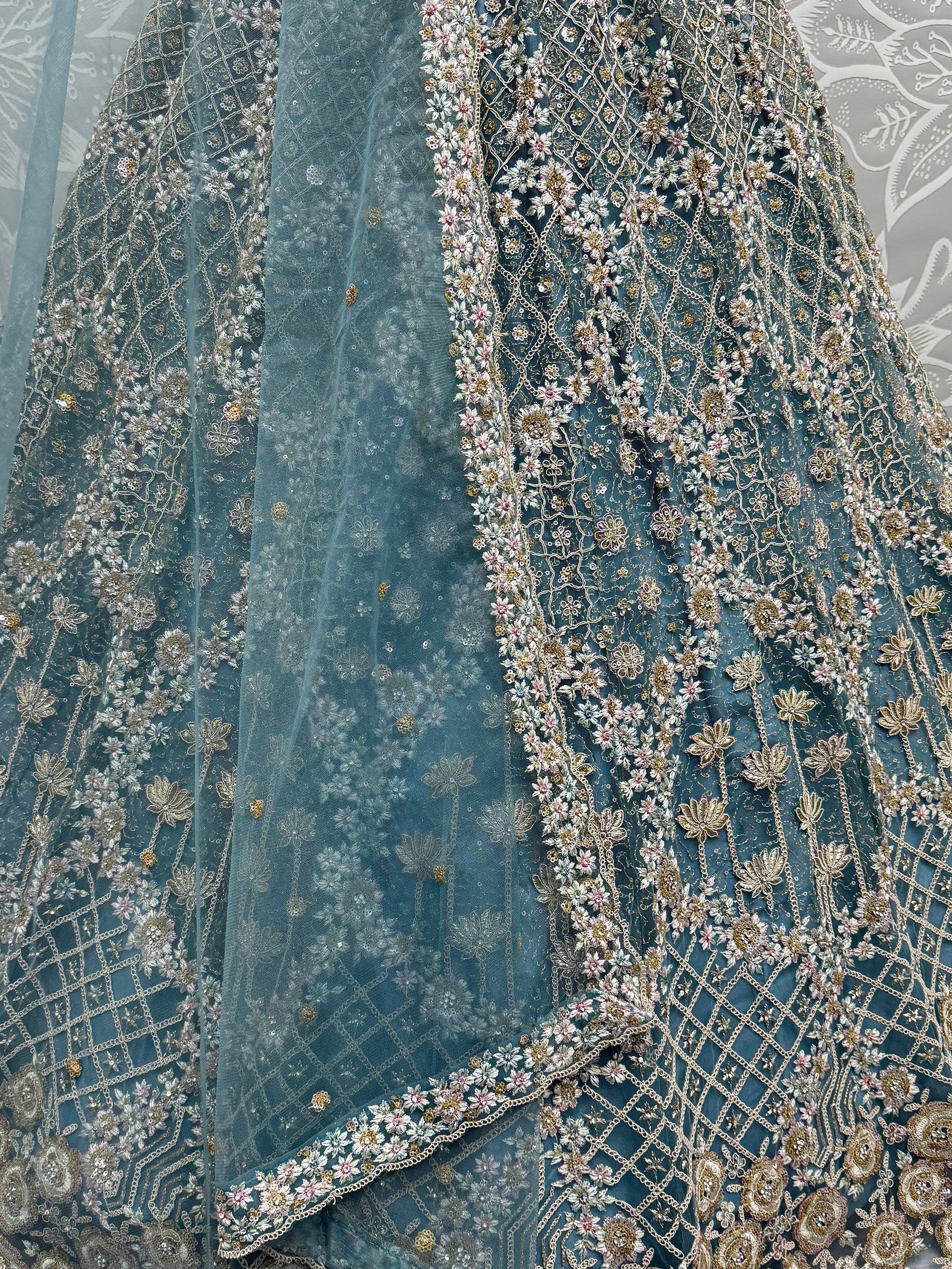 Blue Alluring Thread Embroidered Net Wedding Lehenga Choli