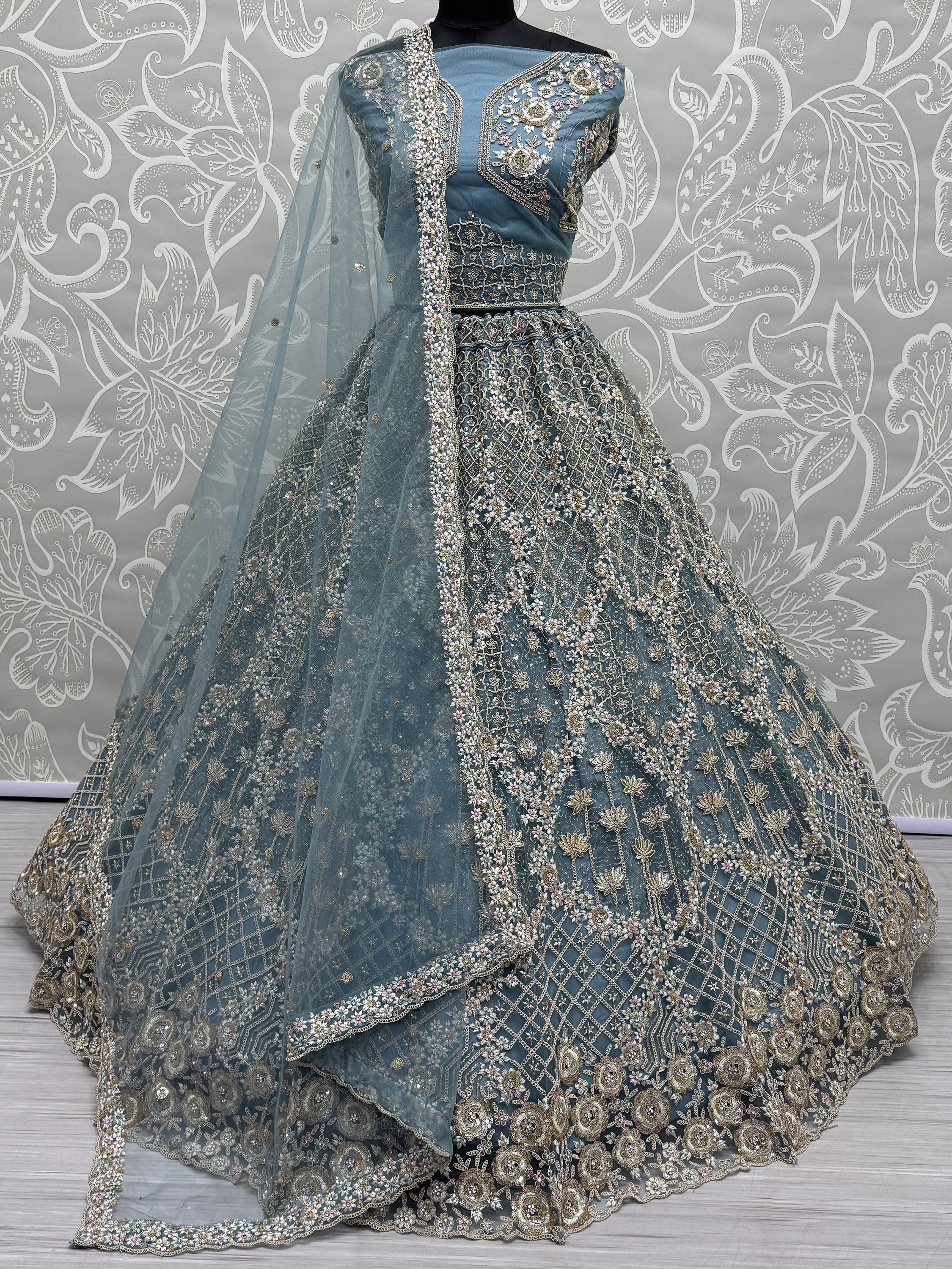 Blue Alluring Thread Embroidered Net Wedding Lehenga Choli