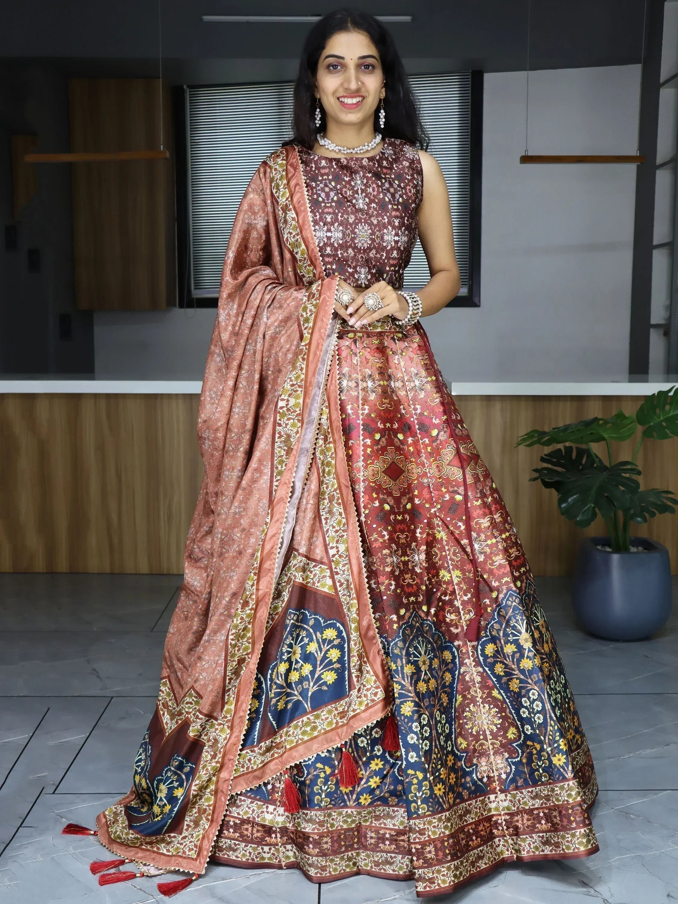 Brown Sweet Printed Art Silk Event Wear Lehenga Choli With Dupatta