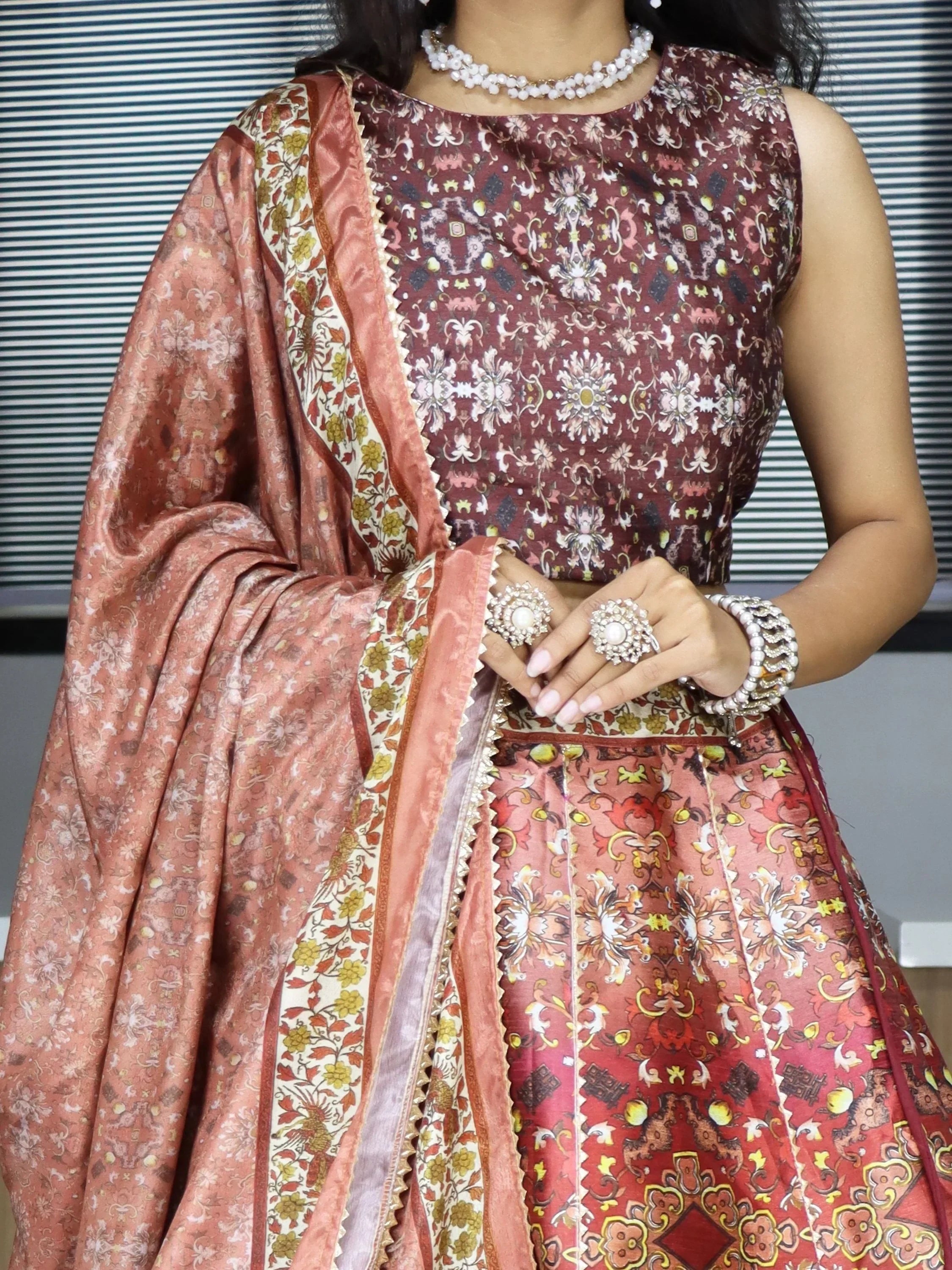 Brown Sweet Printed Art Silk Event Wear Lehenga Choli With Dupatta