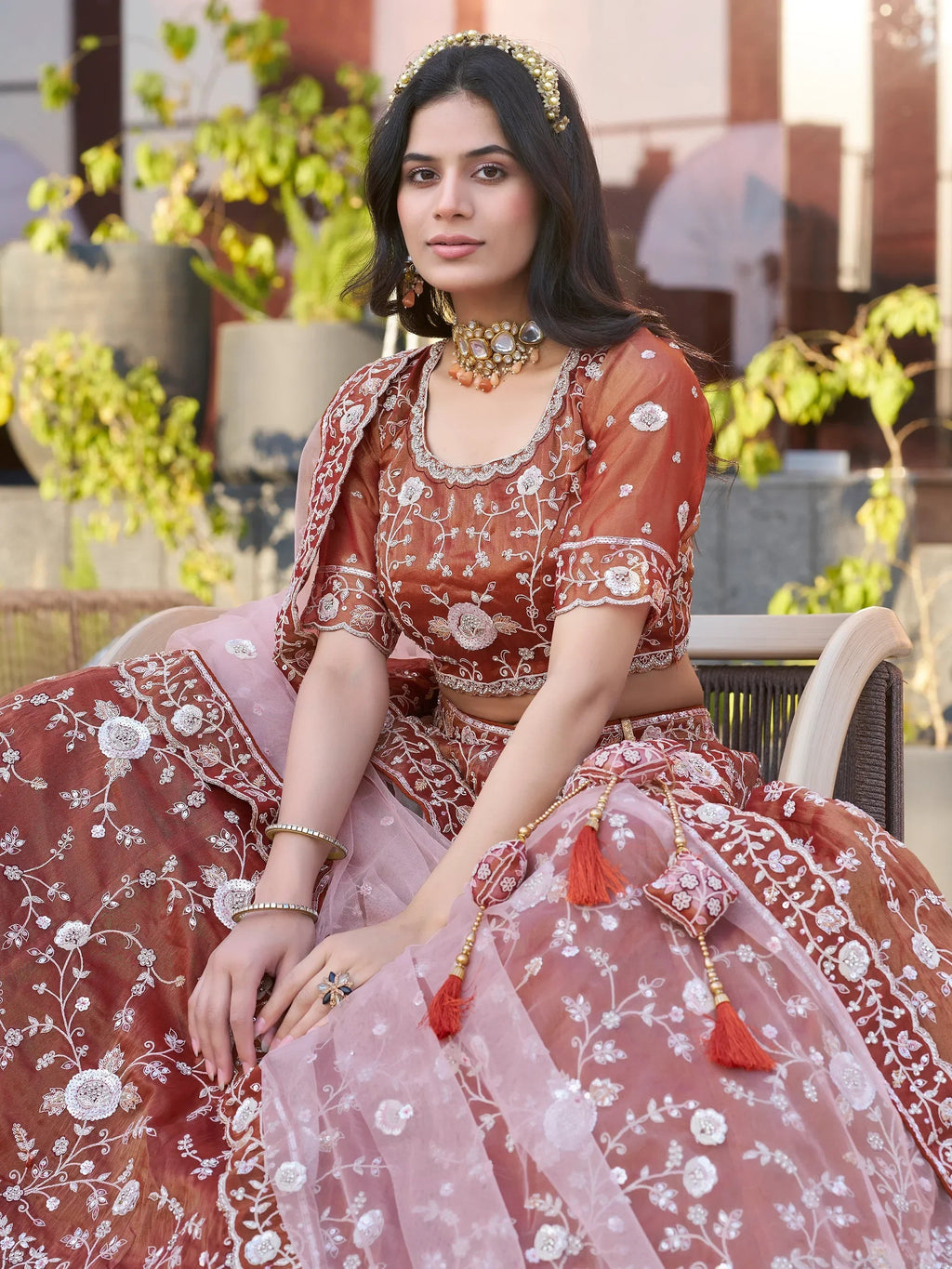 Adorable Dark Orange Sequins Wedding Lehenga Choli With Net Dupatta