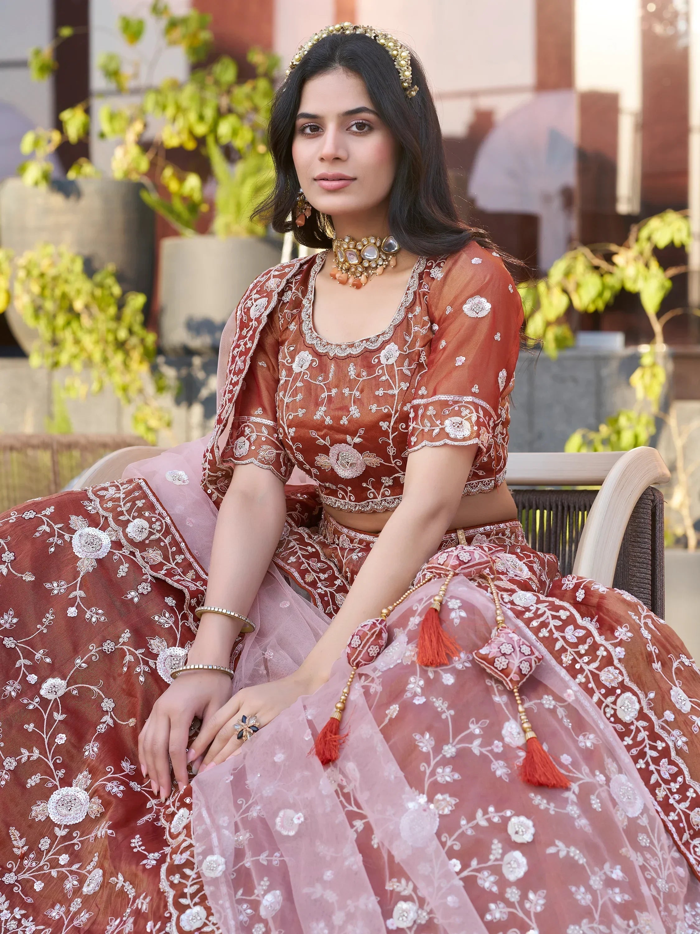 Adorable Dark Orange Sequins Wedding Lehenga Choli With Net Dupatta