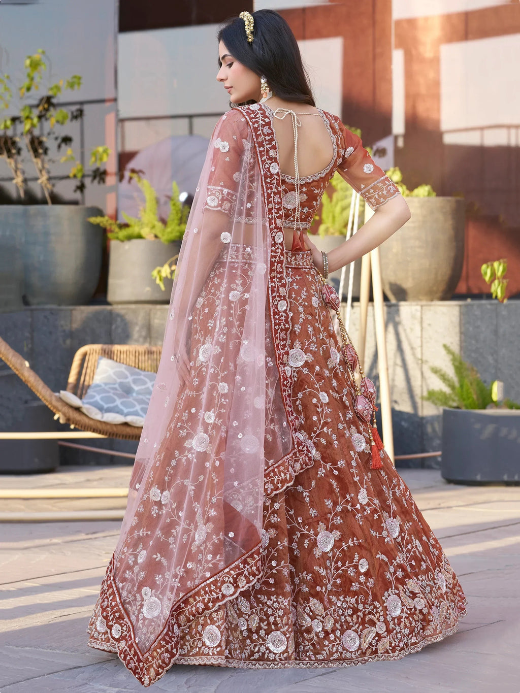 Adorable Dark Orange Sequins Wedding Lehenga Choli With Net Dupatta