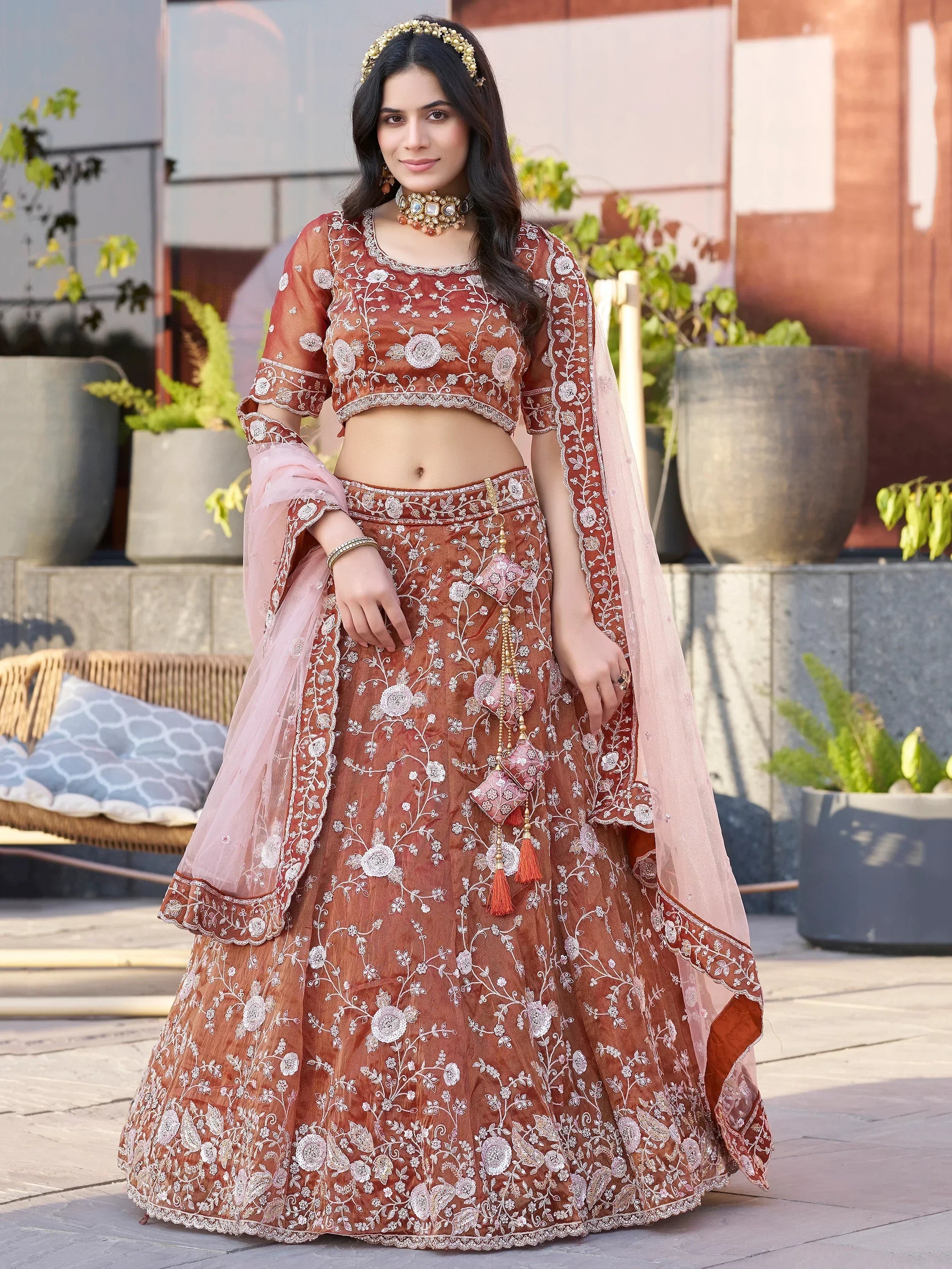 Adorable Dark Orange Sequins Wedding Lehenga Choli With Net Dupatta
