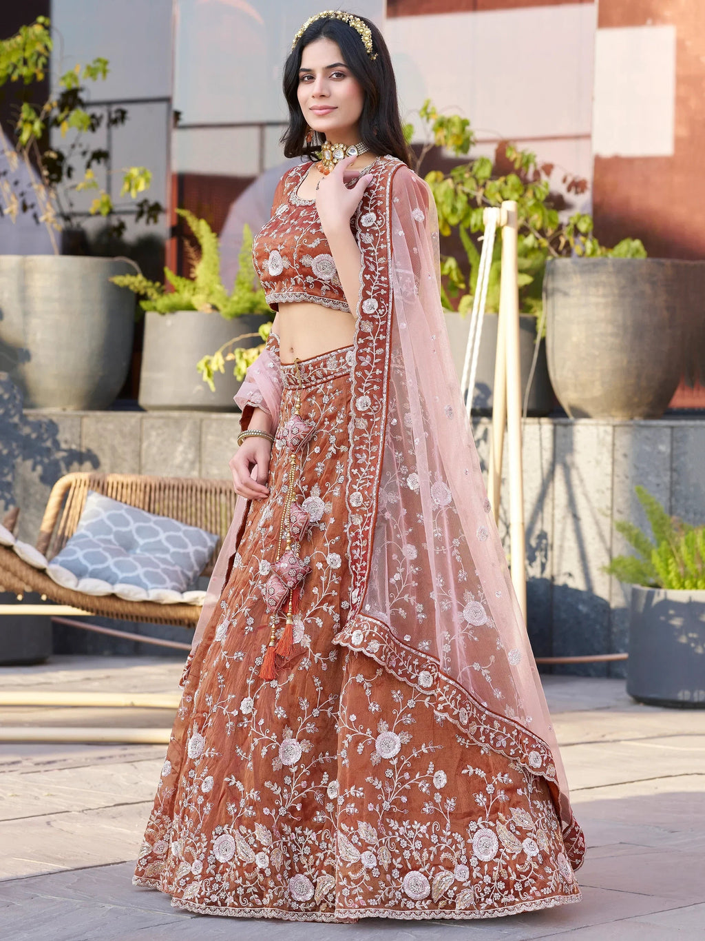 Adorable Dark Orange Sequins Wedding Lehenga Choli With Net Dupatta