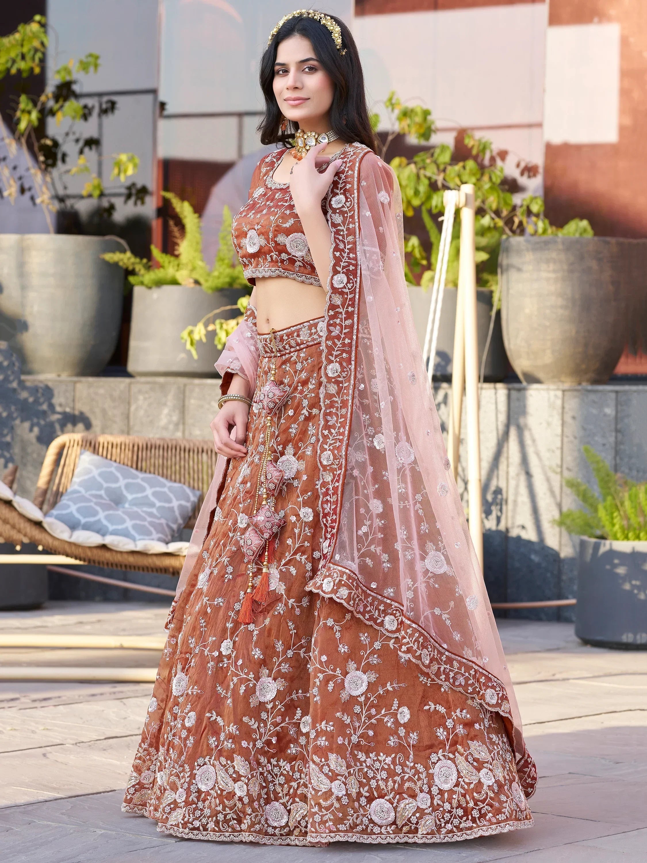 Adorable Dark Orange Sequins Wedding Lehenga Choli With Net Dupatta