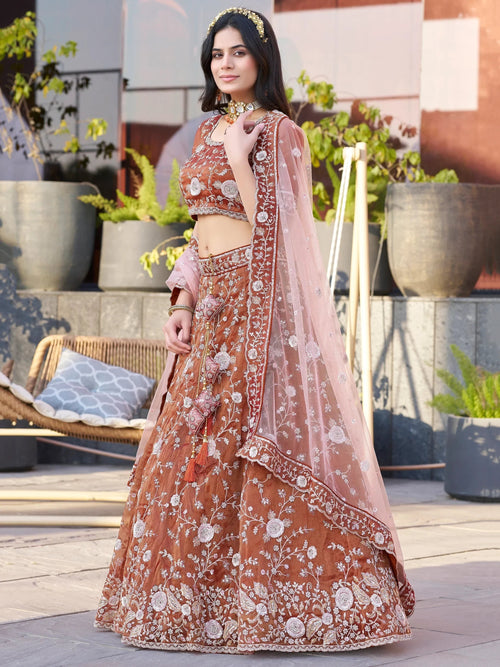 Adorable Dark Orange Sequins Wedding Lehenga Choli With Net Dupatta